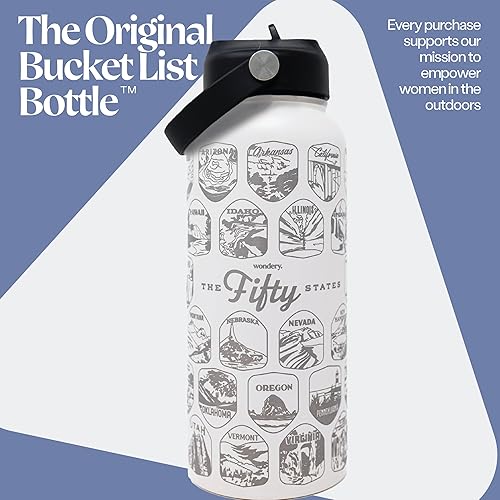 Miniatura 2 de Botella de agua de viaje oficial de Fifty States con calcomanías impermeables y pajilla, color crema, 32 onzas grabadas, acero inoxidable aislado