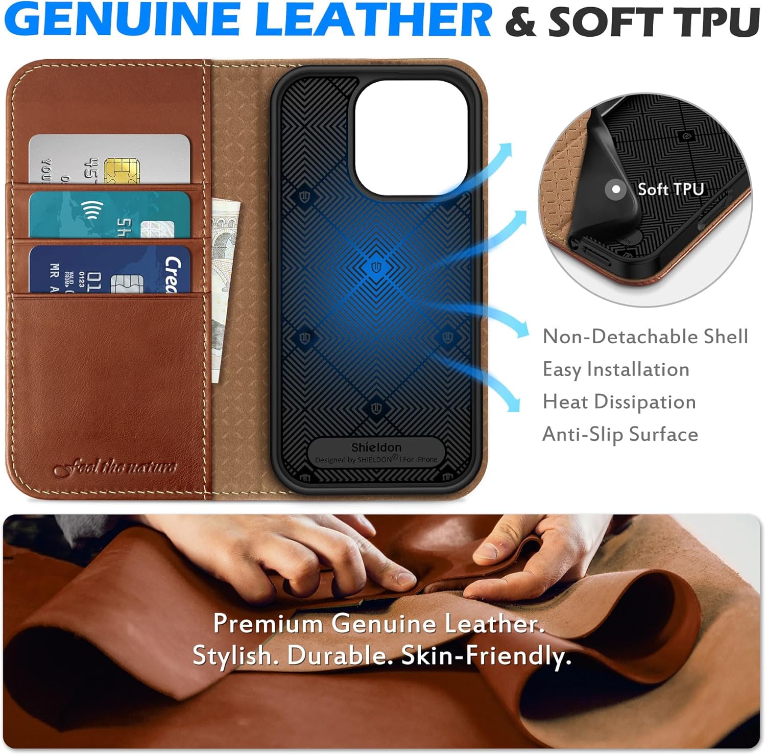 SHIELDON Wallet Case for iPhone 16 Pro 6.3" 2024, Genuine Leather Folio Magnetic Closure RFID Blocking Card Holder Kickstand Full Protection Phone Case Compatible with iPhone 16 Pro - Retro Brown - Image 3