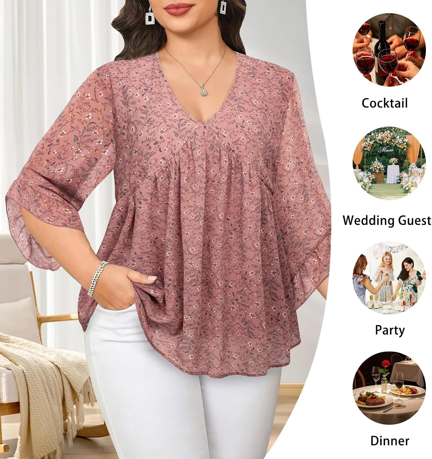 Amrto Womens Tops Plus Size Fashion Chiffon Blouses 3/4 Sleeve Ruffle Dressy Casual Cocktail Party Business Wedding - Image 5