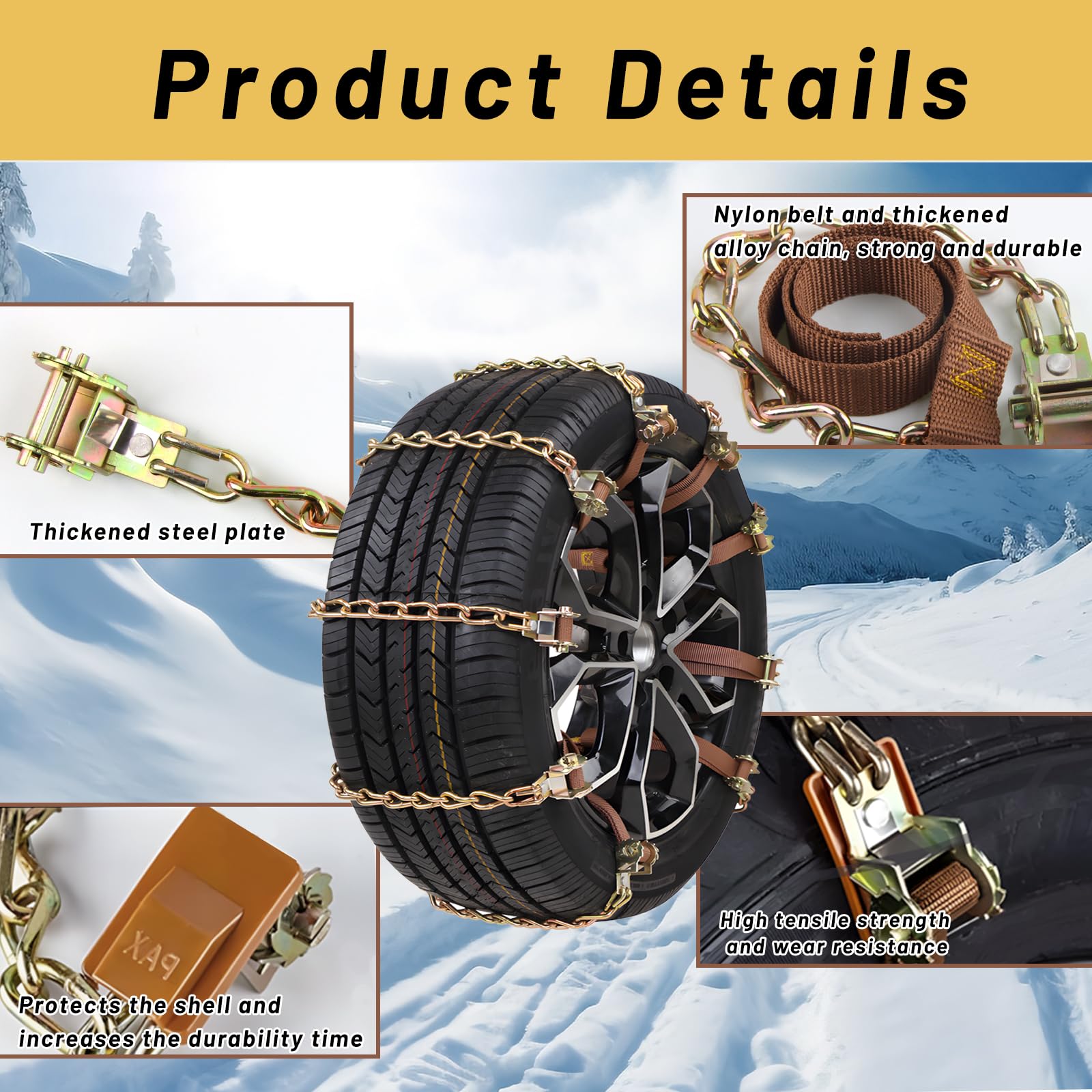 Ensemble Chaînes à Neige Shyllin pour Voiture - 4 Pcs, Antidérapantes, Universel, Réglables pour Pneus de 165 à 285 mm