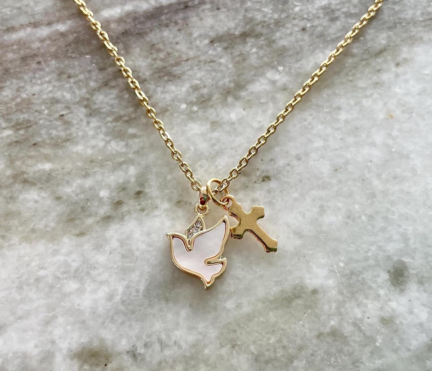 Gold Peace Dove Necklace with Cross – Pearl Enamel Holy Spirit Charm Pendant – Confirmation Jewelry, Baptism Gift, Christian Religious Necklace for Women & Teens, Personalized Faith Jewelry - Image 3