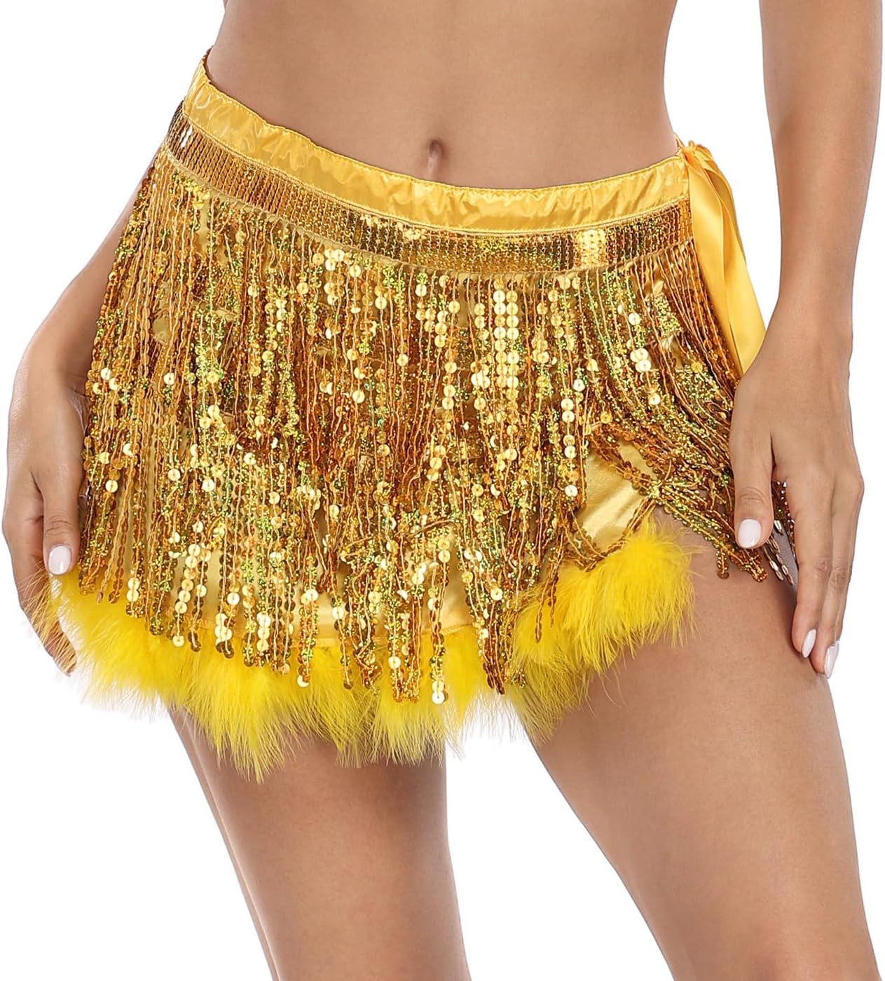HDE Women's Sequin Tassel Fringe Skirt Fur Trim Adjustable Tie Hip Scarf Wrap