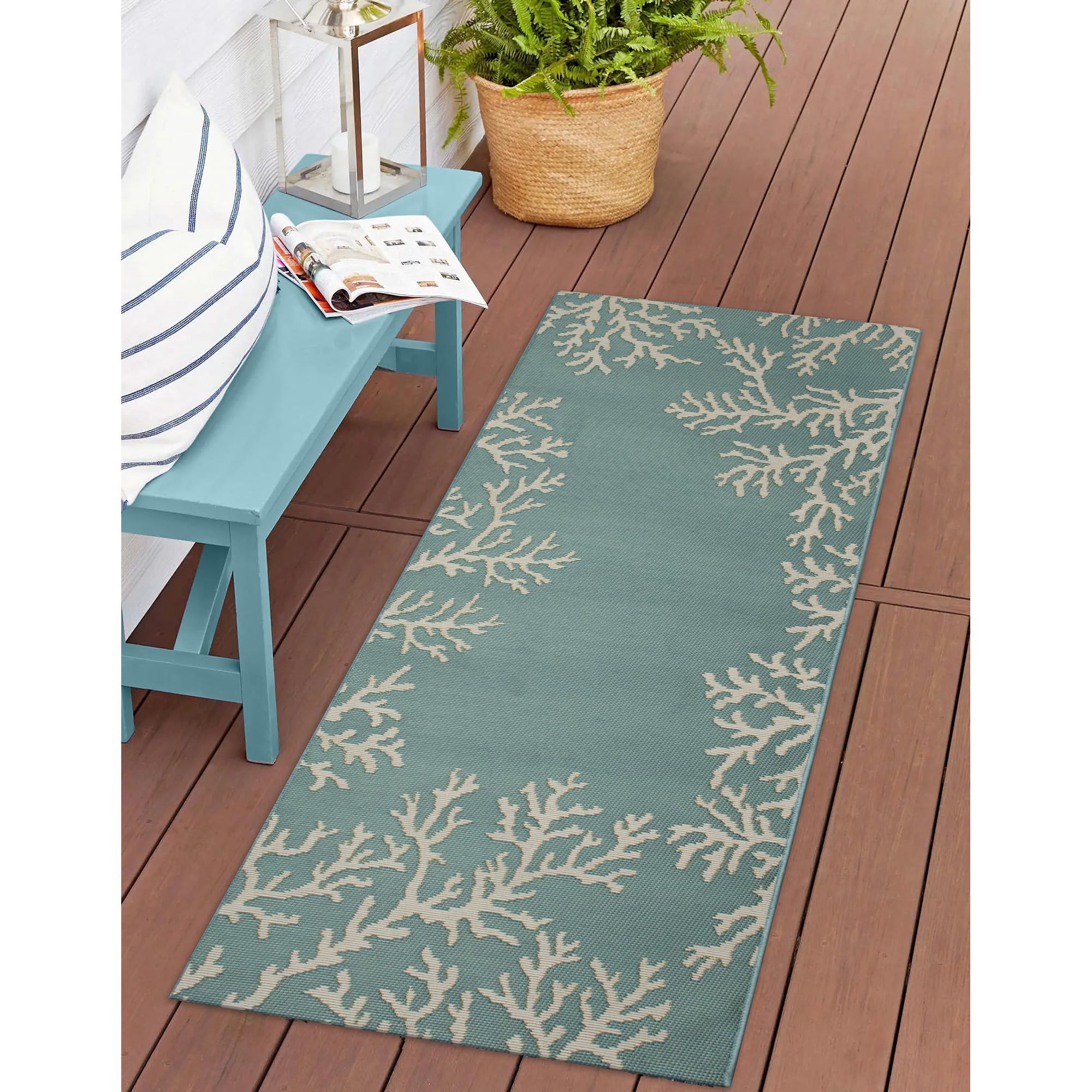 liora manne esencia machine washable non-slip low profile indoor/outdoor mat-transitional, coastal, beach, border, coral edge aqua 1'11" x 4'11"