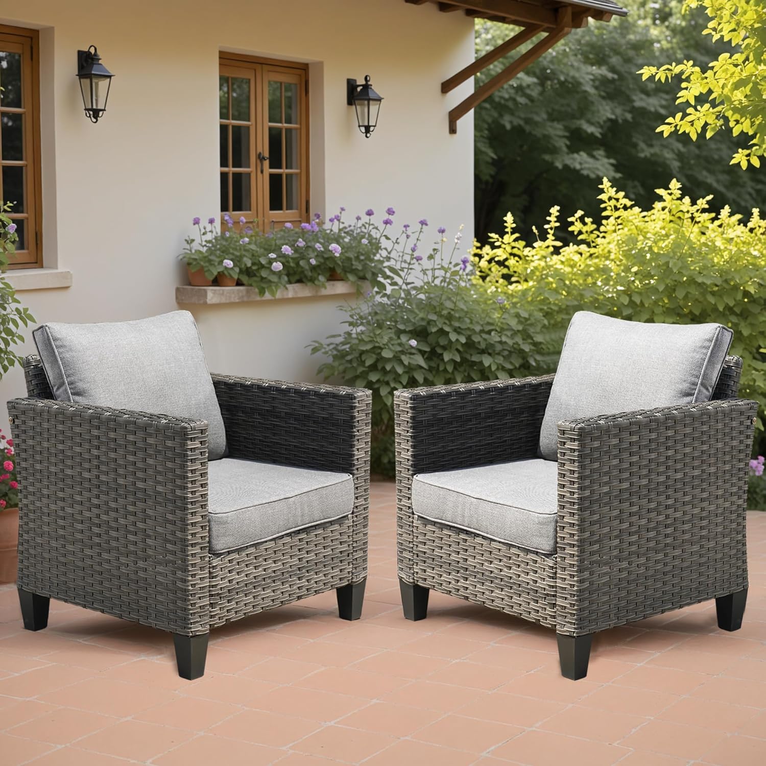 ovios 2-Pieces Patio Chairs, Outdoor Wicker Chair of 2, All Weather Modern High Back Rattan Armchairs with Comfy Cushions for Porch Balcony Deck Garden Outside Poolside, Dark Grey