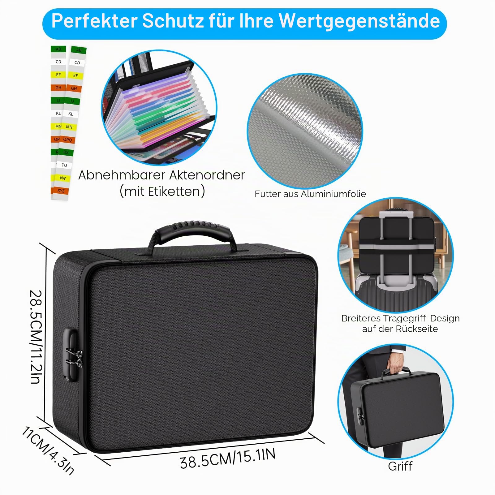 Tamfile 5200℉ Feuerfeste Dokumentenbox, Dokumententasche mit 13 Taschen | Wasserfeste, Akkordeonordner, Dokumenten-Organizer, Tragbare, Aktenaufbewahrungsbox, Fächermappe, Schloss, Etiketten, Schwarz