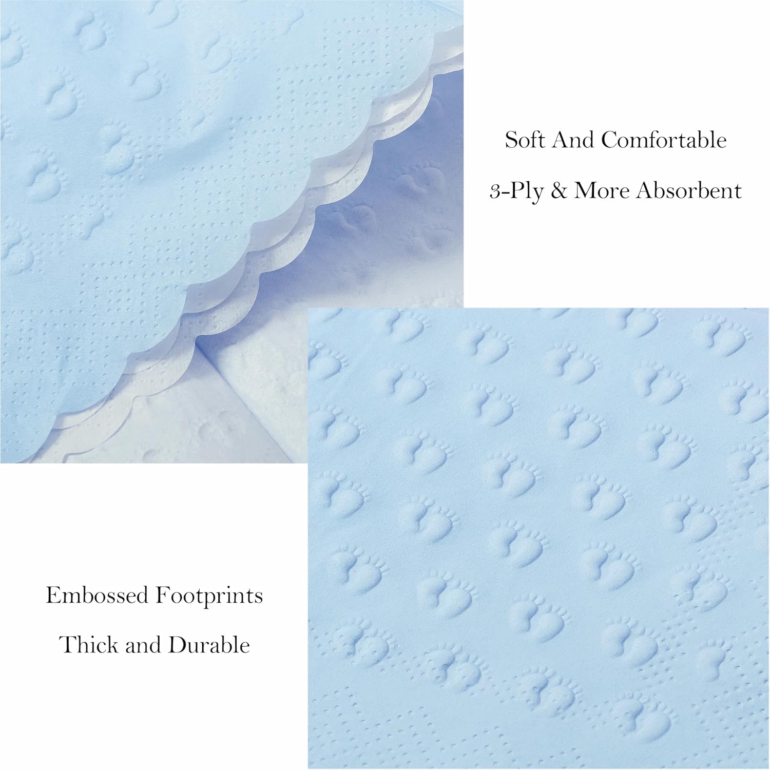 Crisky 3 Ply Baby Shower Napkins for Boy, 50 Pack Embossed Footprints Blue Napkins for Dusty Blue Jean Boy Baby Shower Decorations, Disposable Paper Cocktail Napkin, and Not Easily Torn