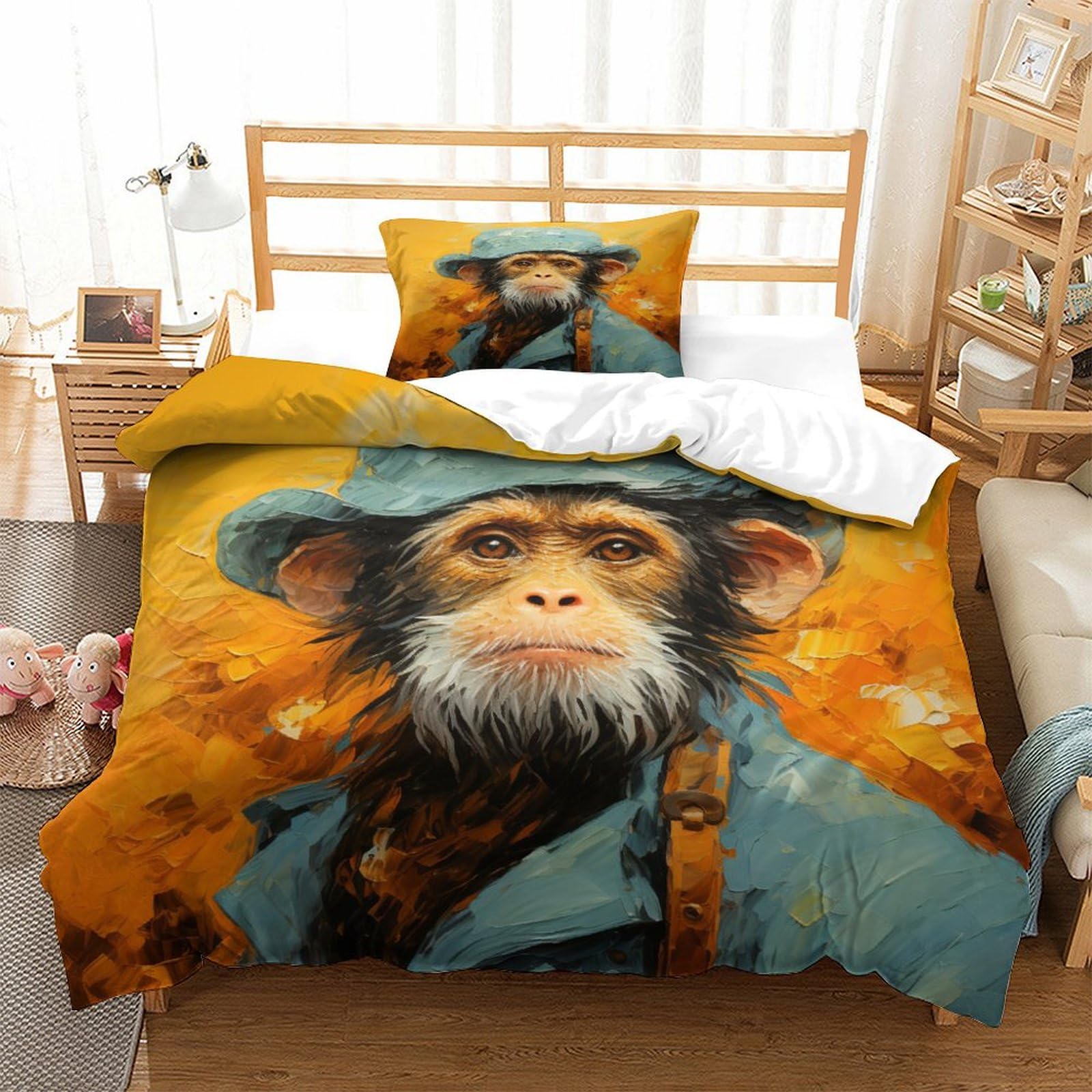 P1S9U7W5Y Artistic 3D Printed Monkey Duvet Cover Set 3pcs Microfiber Animal Bedding Set Single