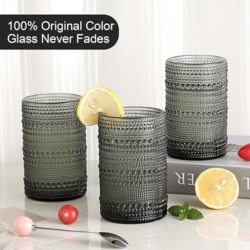 Miniatura 3 de Juego de vasos de vidrio vintage de 6 vasos de vidrio de hobnail de 15 onzas, vaso de agua gris en relieve, para cerveza, cóctel, whisky, jugo y
