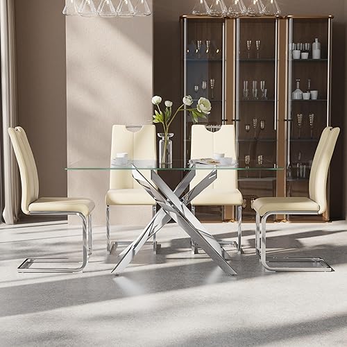 Miniatura 24 de Juego de mesa de comedor de 7 piezas para 6, mesa rectangular moderna de cristal con 6 sillas tapizadas de cuero, juegos de mesa y sillas de comedor