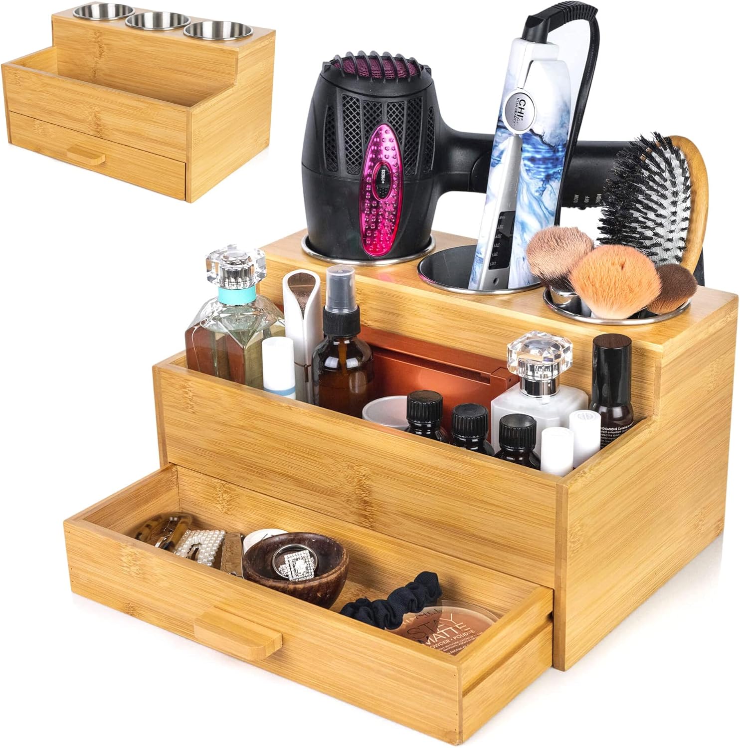 Bamboo makeup hair tools organizer blow dryer Hot Tools