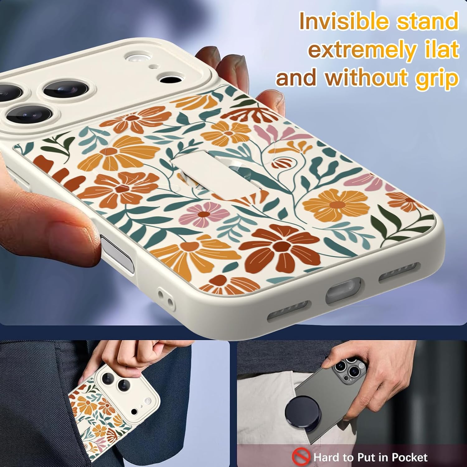 for iPhone 17 Pro Max Case [Compatible with MagSafe] Cute Floral Flower Pattern Magnetic Phone Case Compatible Finger Strap Ring Kickstand, Full Camera Protective Cover for Women Girly Colorful