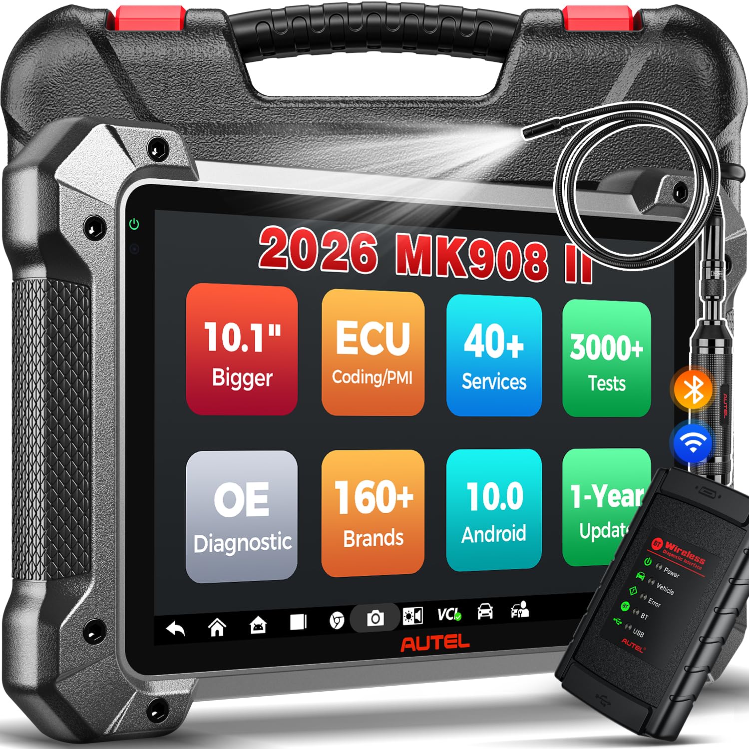 Autel MaxiCOM MK908 II (z MV108S) Android 10 Skaner Diagnostyczny OBD2, 2025 Ulepszony z MK908/ MK906 PRO, AutoScan 2.0, Zaawansowane Kodowanie ECU, Dwukierunkowy Aktywny Test, 4G+128G, 36+ Usług