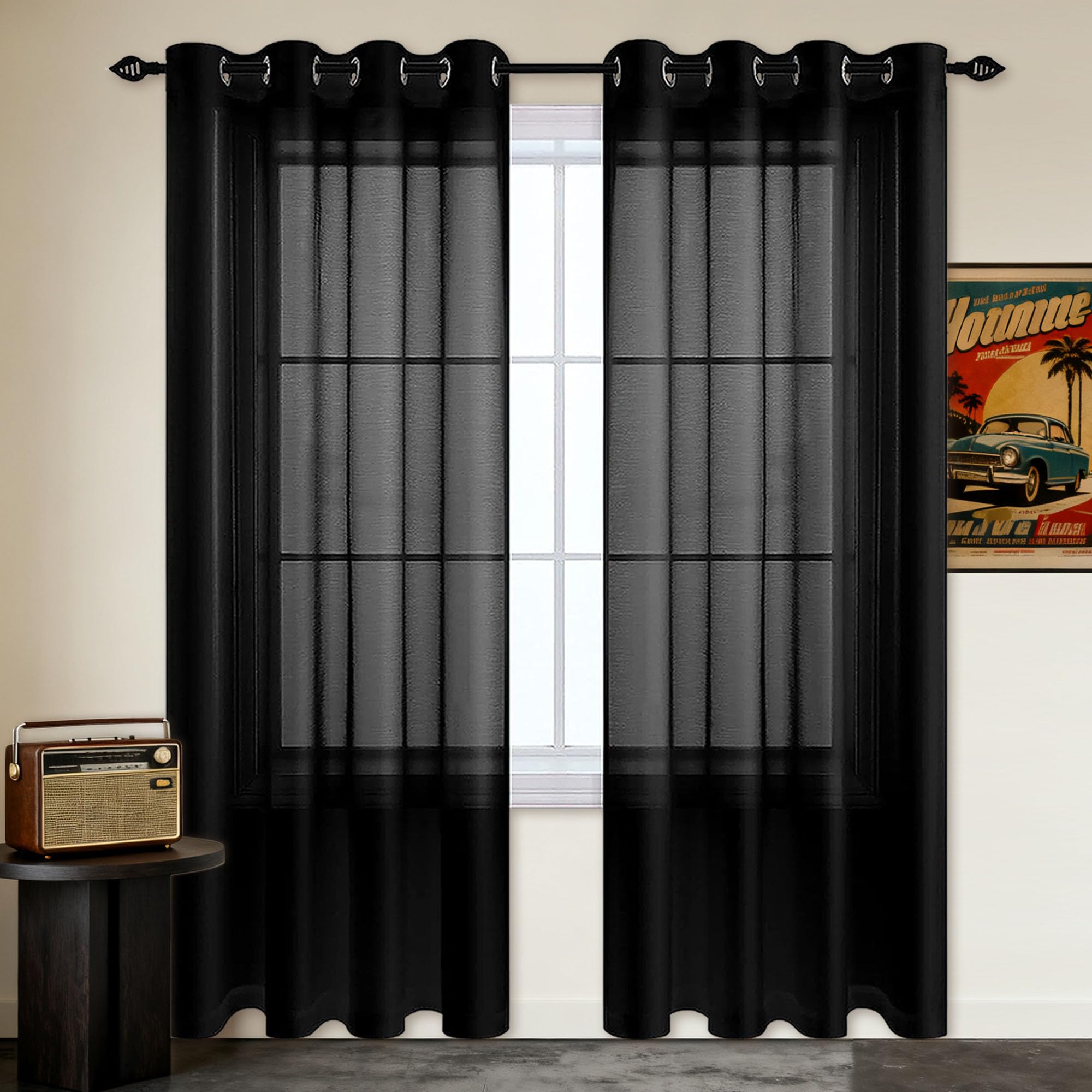 Rideau voilage à oeillets noir 200x570 semi transparent pour décoration chambre