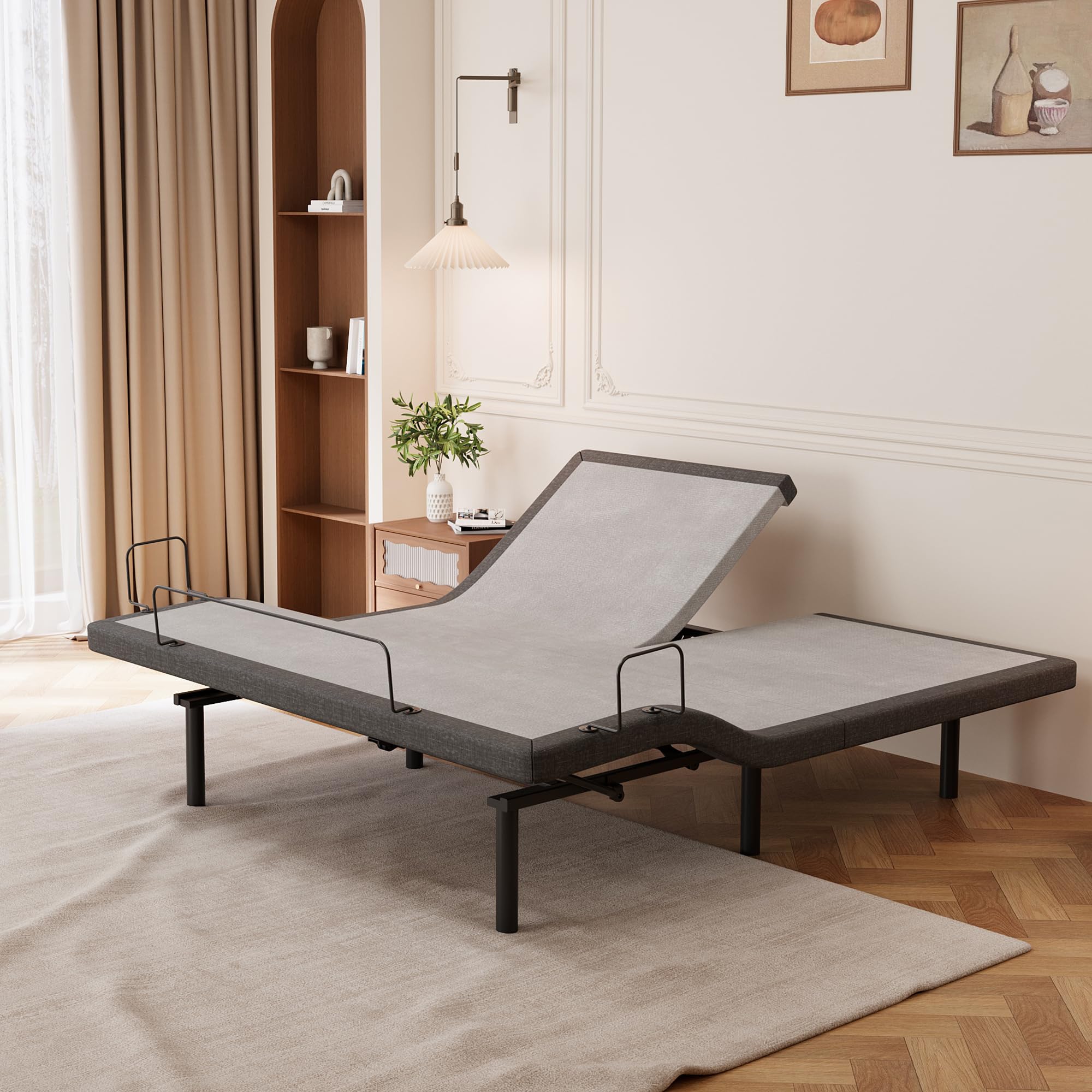 ESHINE Adjustable Bed Frame Smart Bed Split Top King - Electric Upholstered Bed Base with Massage, Wireless Remote, Ergonomic Foot&amp;Head Incline, Zero Gravity, Dual USB Ports, Under Bed Light, Grey