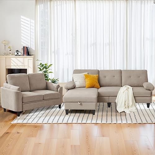 Miniatura 7 de Juego de 2 Piezas de Sofá Seccional Convertible para Sala de Estar, Sofá en Forma de L de 79" de 3 Asientos con Otomana de Almacenamiento y Silla