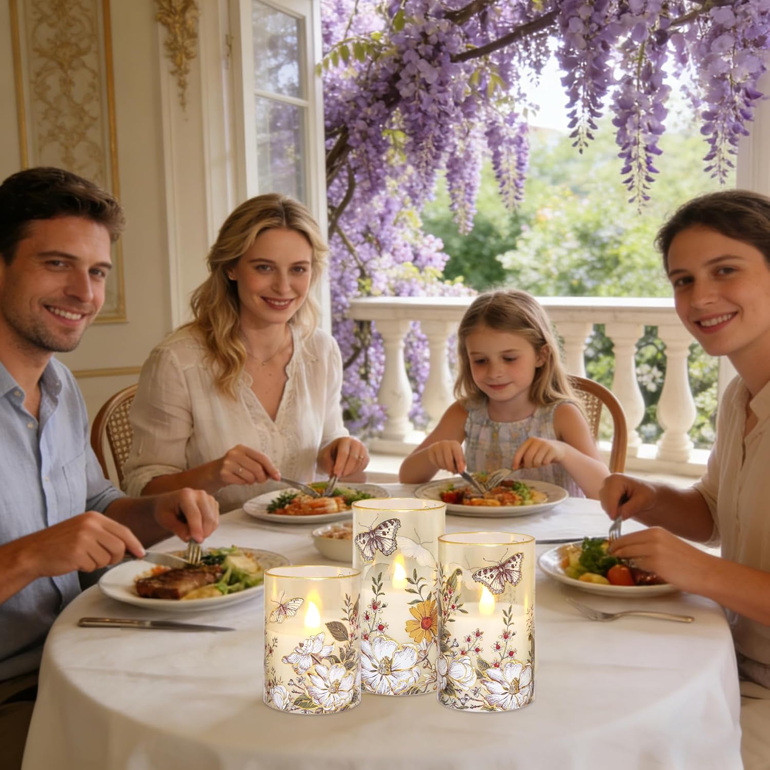 MELTONE Flameless LED Candles Botanical Butterfly Design with Remote Control & Timer Function & Dimmable, Battery Operated Glass Candles for Home Party Wedding Christmas Spring Decor, Set of 3