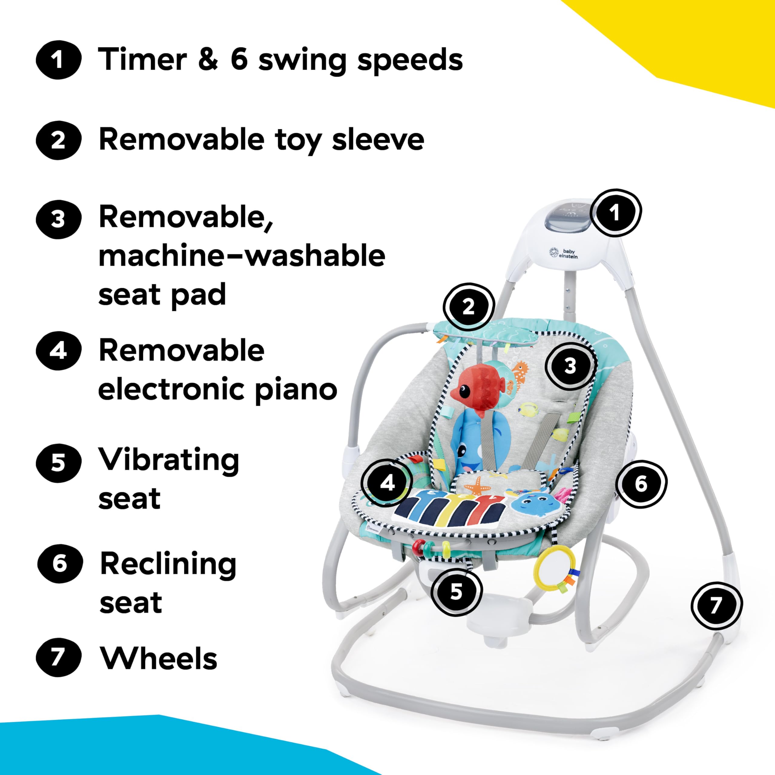 Baby Einstein, Ocean Explorers 4-in-1 Altalena e Dondolo Musicale, con Giocattolo Pianoforte Removibile, da 0 Mesi in Su