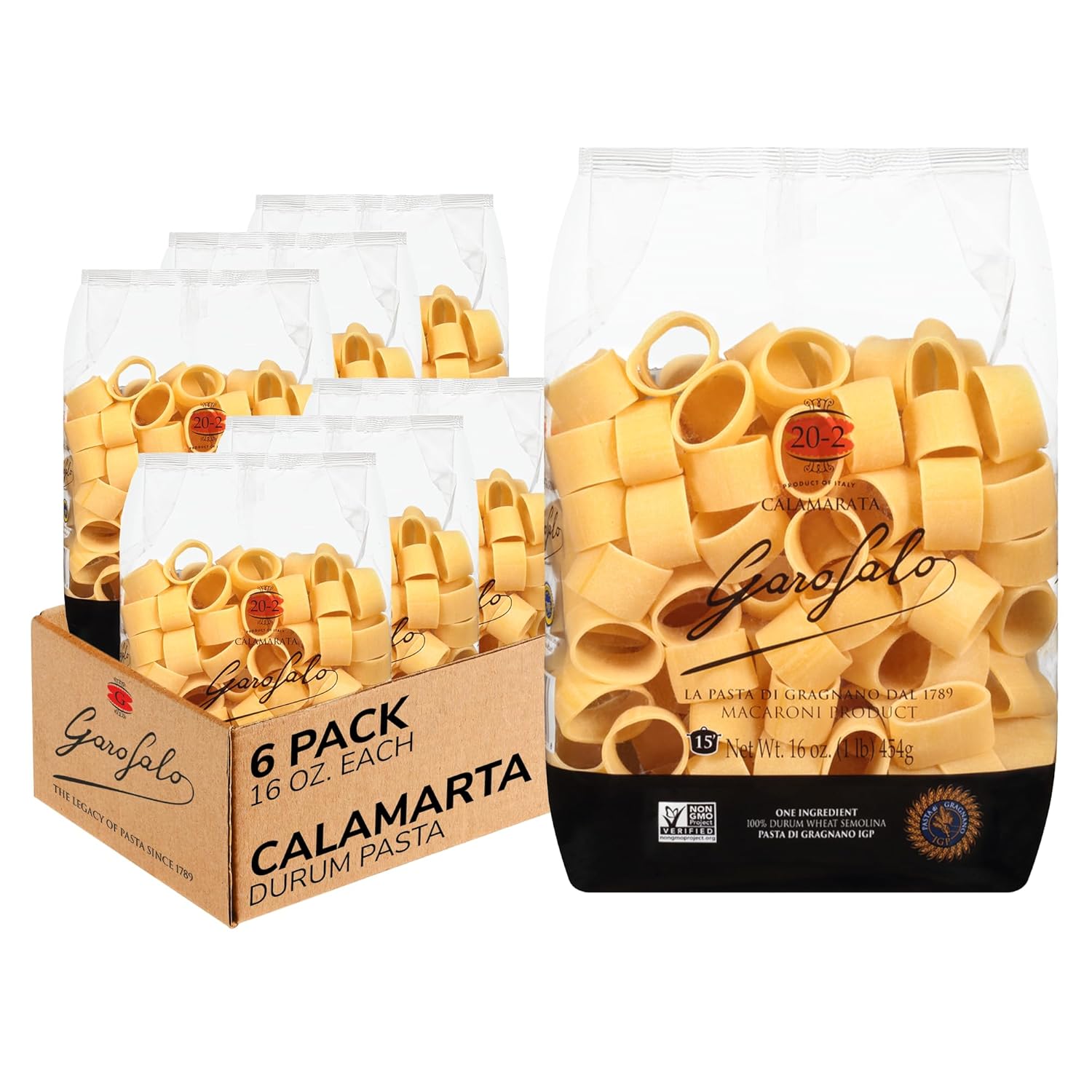Garofalo - Premium Durum Wheat Semolina Calamarata Pasta, Italian Made, Bronze-Drawn, Al-Dente, One-Ingredient Pasta (6 pack)