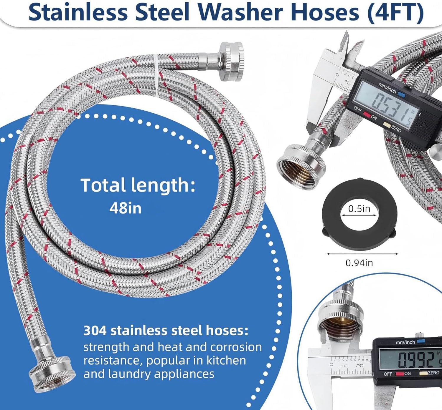 4 Ft Stainless Steel Washing Machine Hoses, Hot and Cold Striped Water Supply Hoses with 3/4'' Standard Interface fit for ALL Washer.