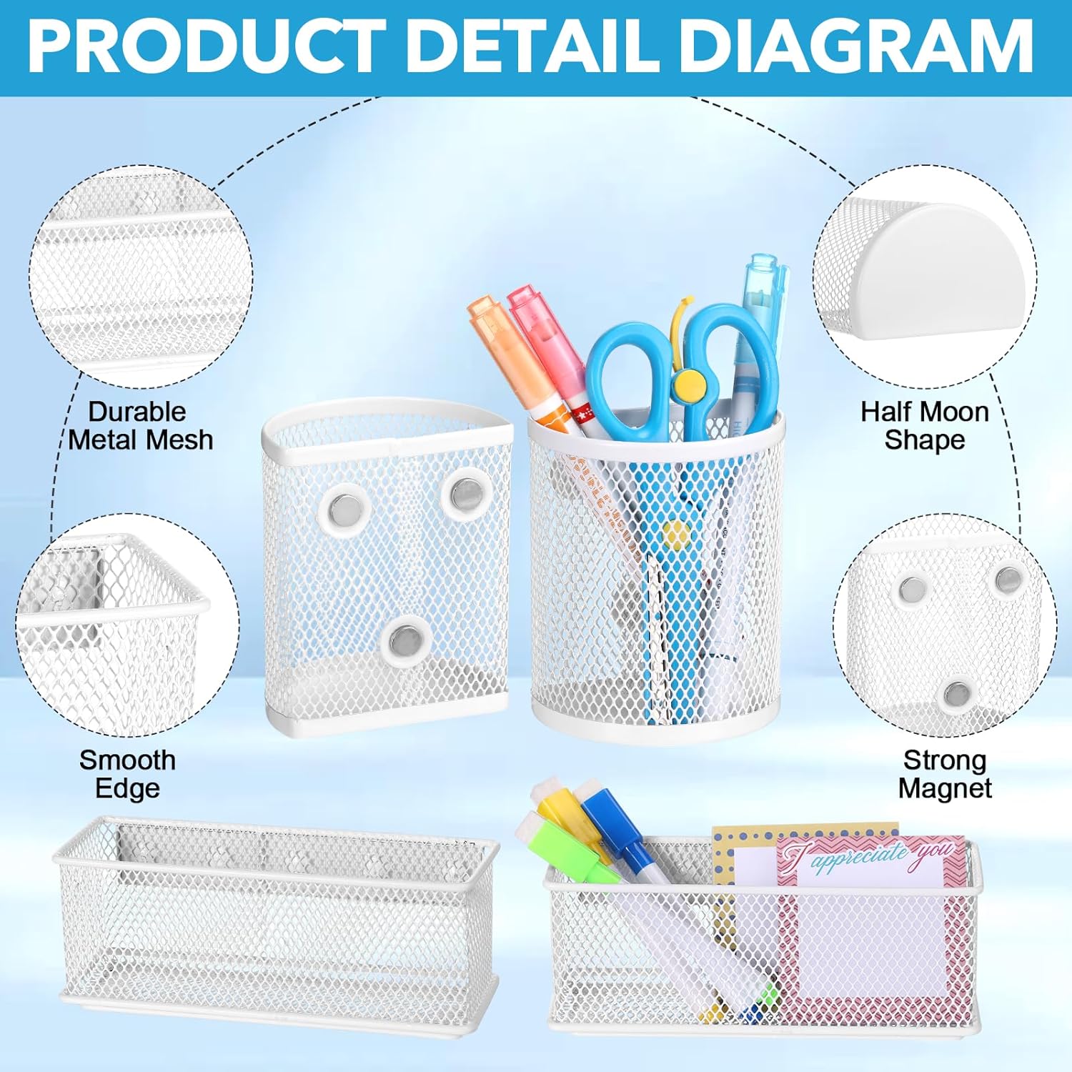 Weysat Set of 5 Magnetic Locker Accessories Mirror with 2 Magnetic Pen Holder and 2 Wire Mesh Storage Basket for Students Back to School Locker Organizer for School Office(White)