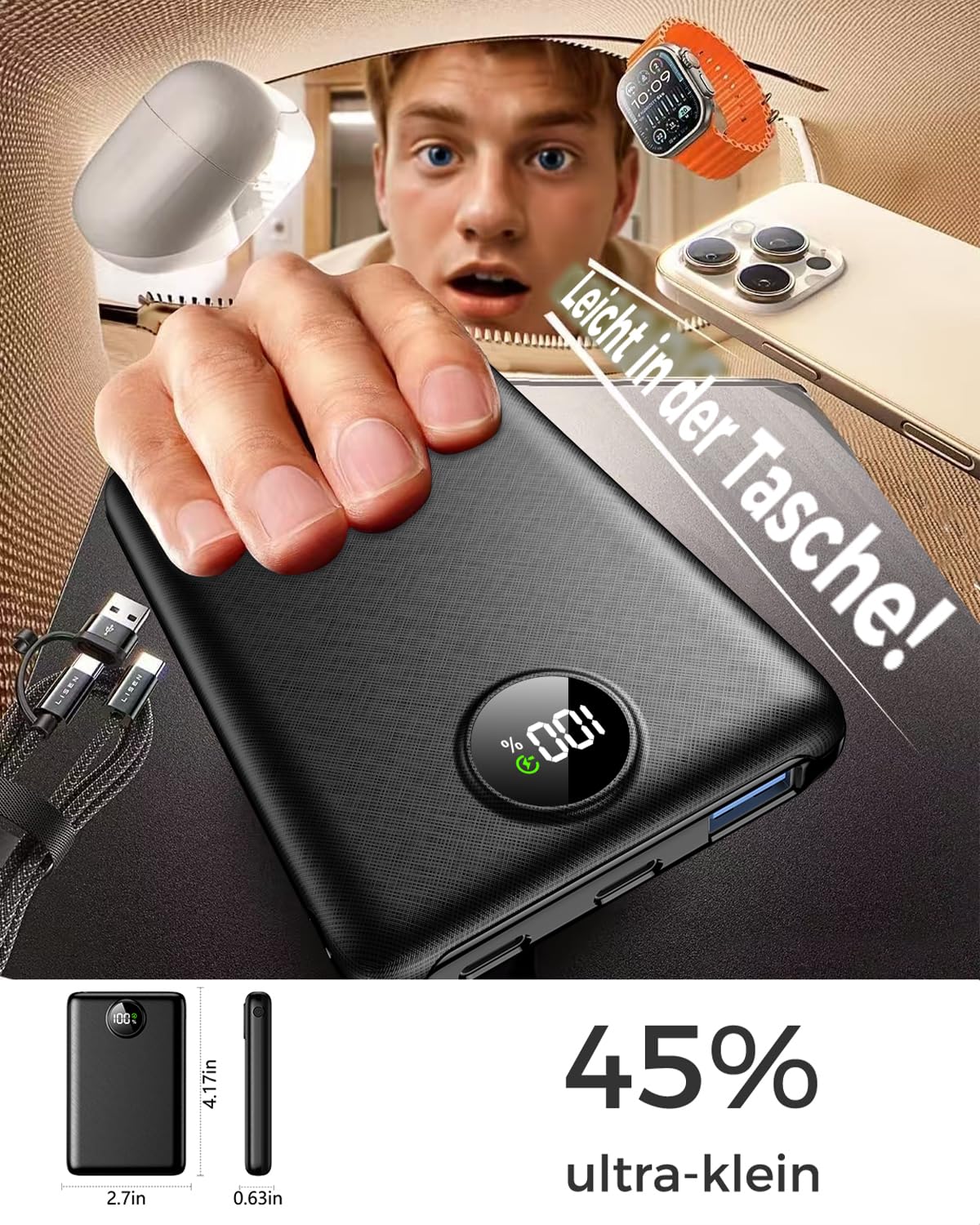 Power Bank 20000mAh 22,5W Carga Rápida con Pantalla LED | Batería externa compacta con PD 3.0/QC 3.0, cargador USB-C para iPhone 17–12 y uso diario o viajes