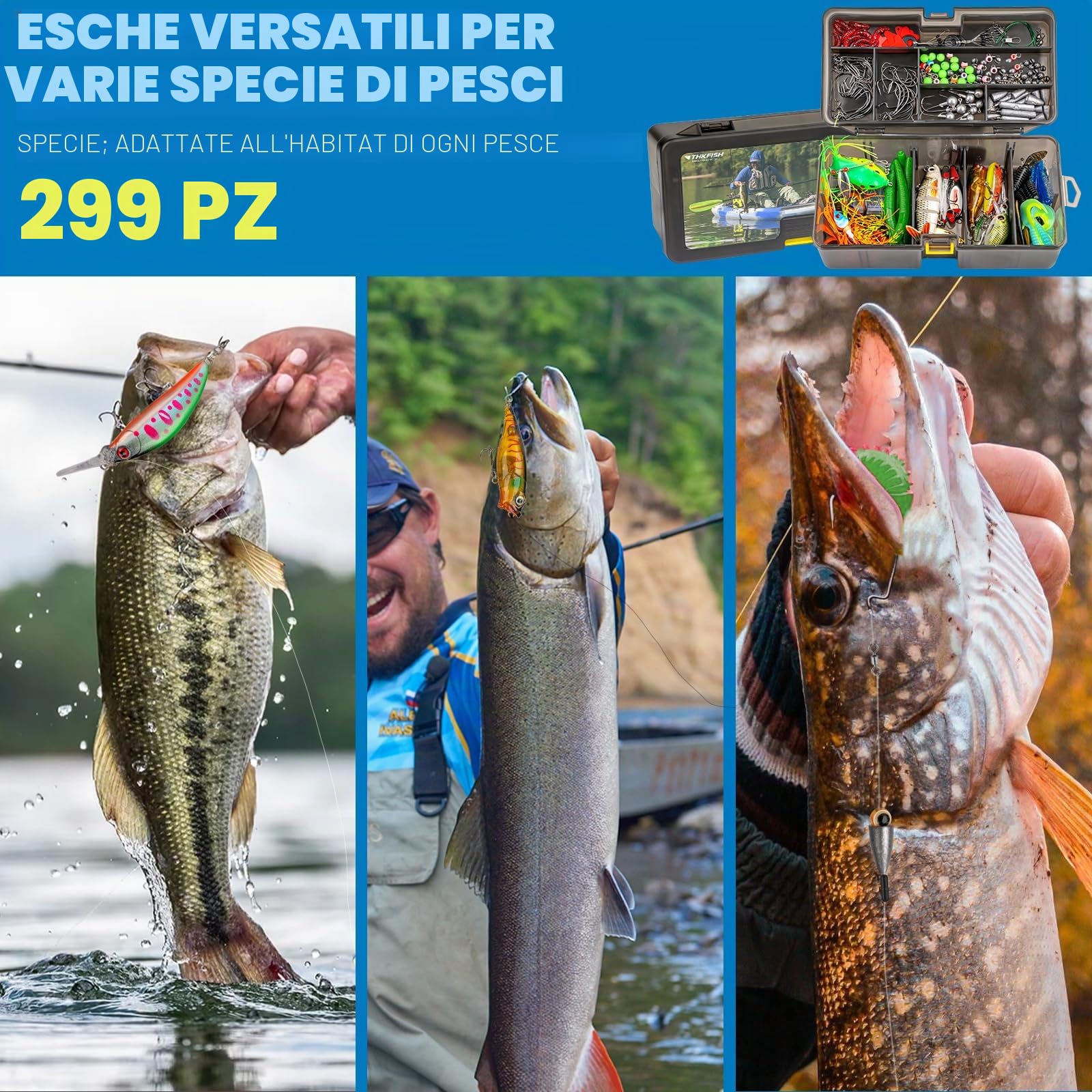 THKFISH Kit di esche da pesca, 299 pezzi Kit Mare Accessori per acqua dolce Inclusa ami da Pesca piombini Esche Artificiali Spinning Attrezzatura da Pesca, regalo perfetto