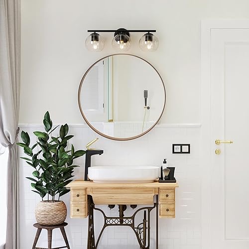 Miniatura 6 de classy leaves Lámparas de baño, 3 luces negras claras, modernas luces de tocador de baño de granja con pantalla de vidrio