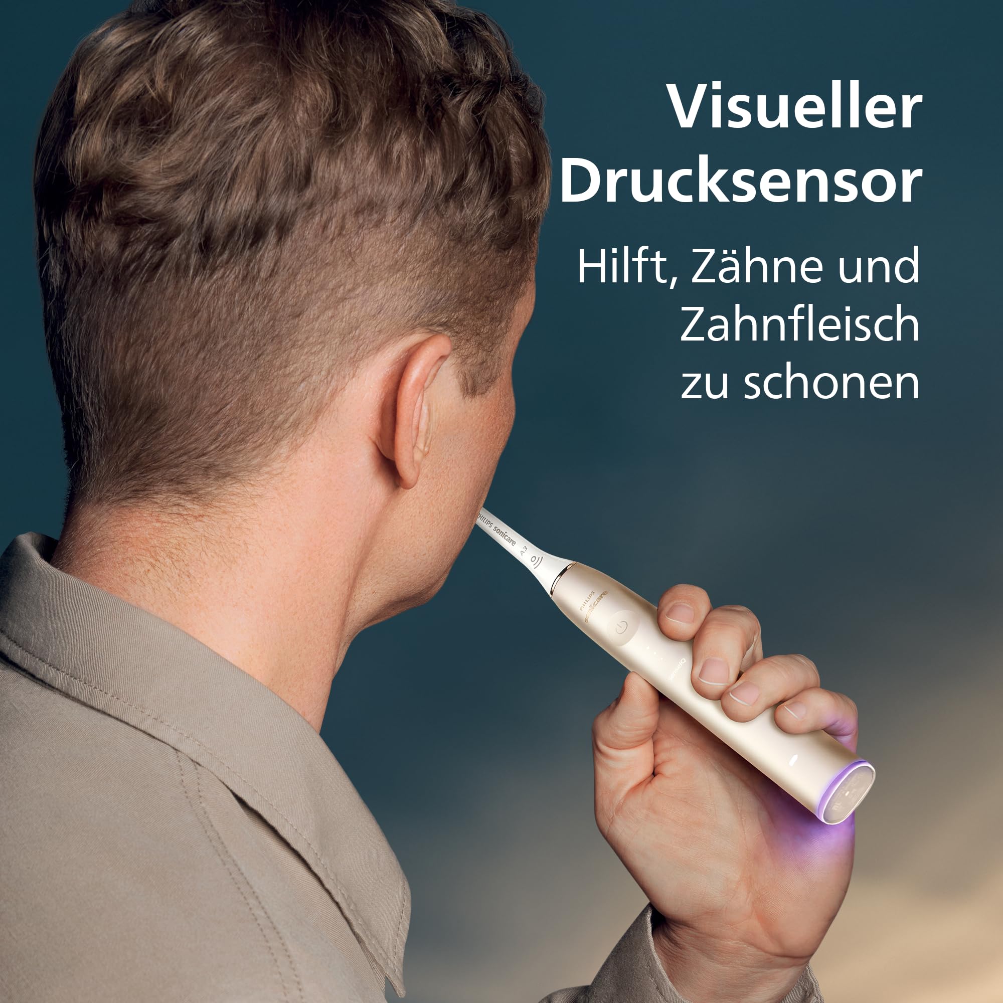 Philips Sonicare DiamondClean Prestige 9900 elektrische Zahnbürste – Schallzahnbürste mit 1x A3 Premium-All-in-One-Bürstenkopf und Ladeetui in Champagner (Modell HX9992/11)