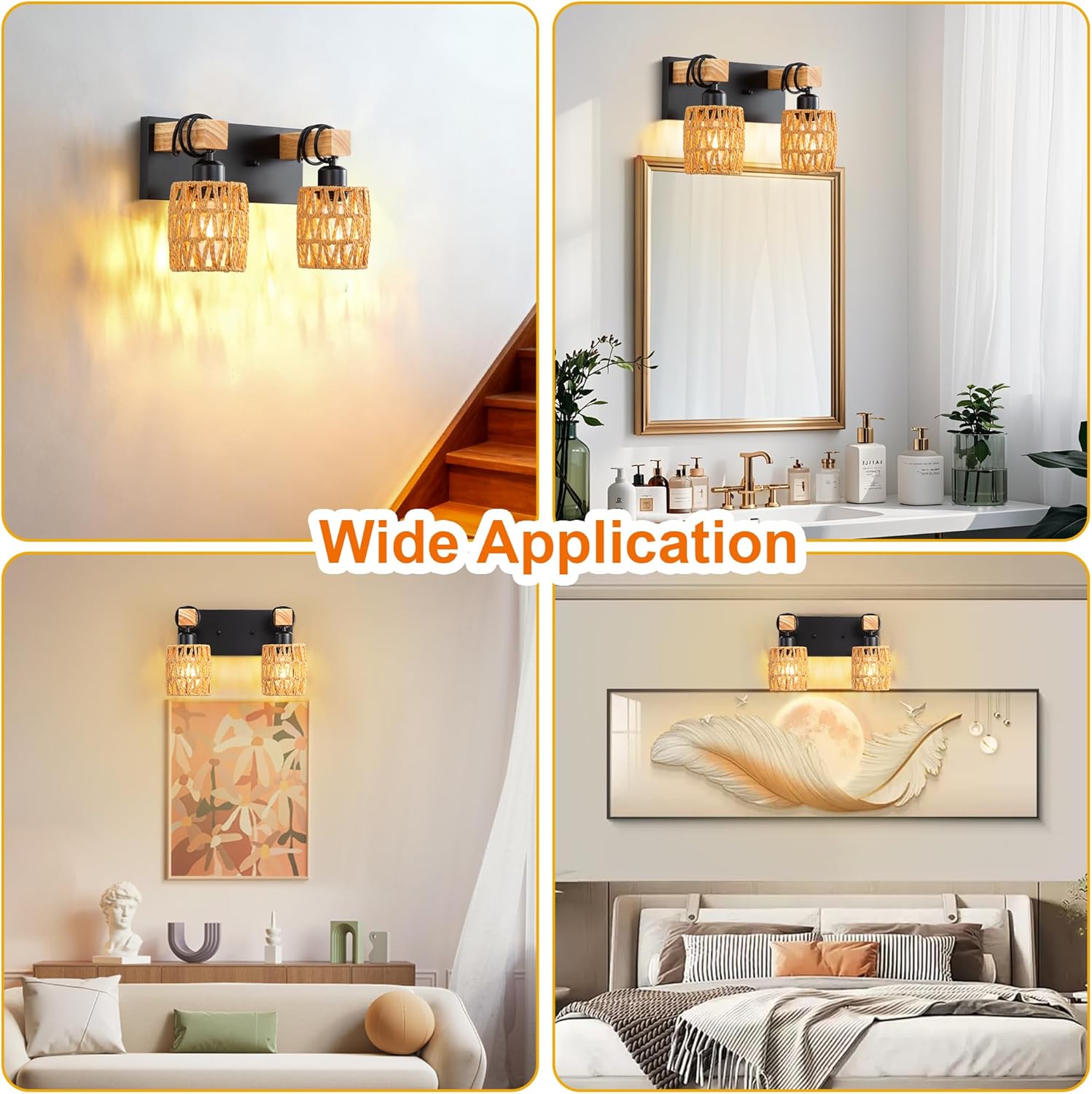 2-Light Farmhouse Bathroom Vanity Light Fixtures Over Mirror, Wood Rustic Boho Rattan Wall Sconce with Hand Woven Wicker Lampshade, Black Wall Lighting for Hallway, Living Room, Bedroom, Spa Room