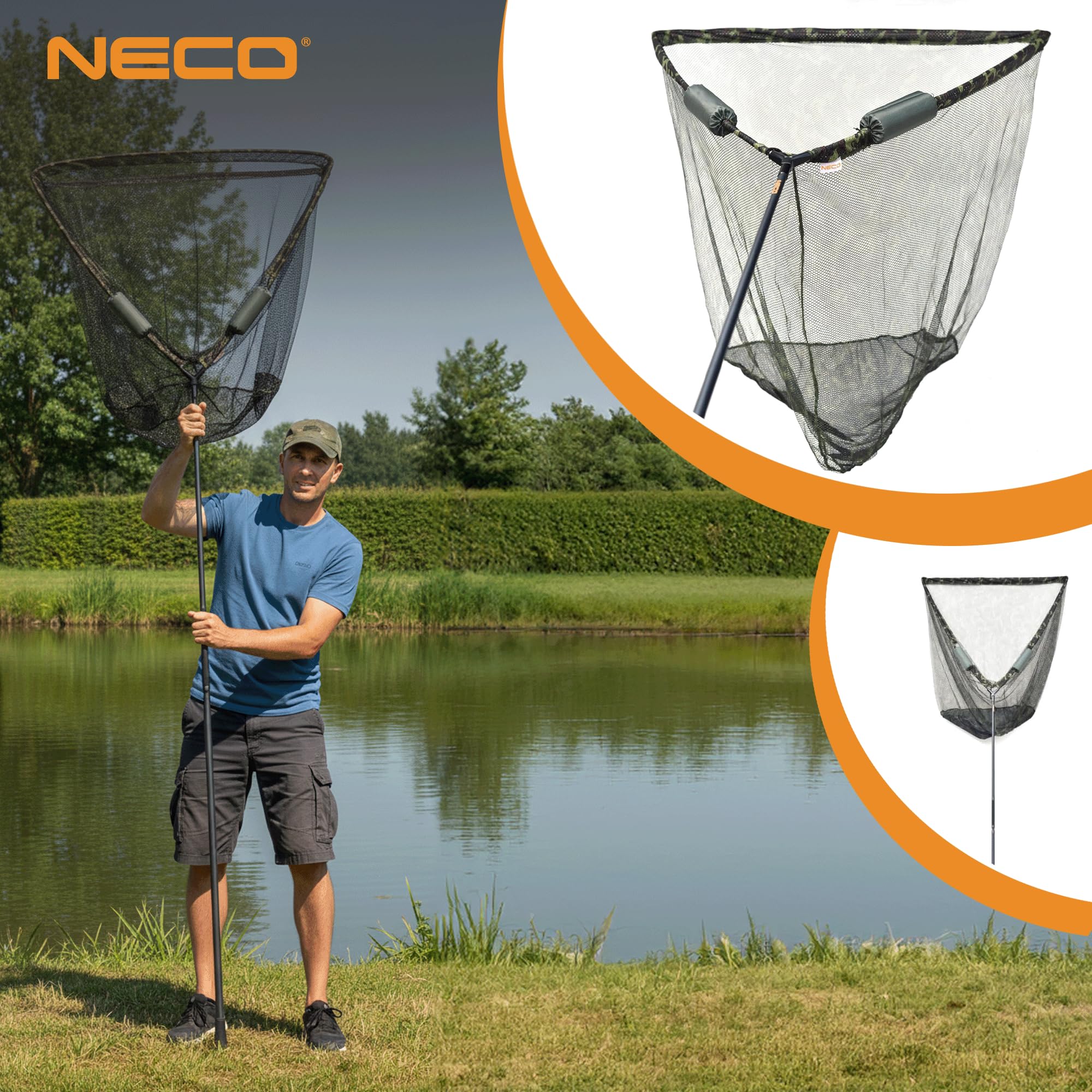 NECO Épuisette à Carpe 100x100 cm avec Flotteurs - Grand Filet Pliable et Léger avec Étui, Panier Profond pour la Pêche aux Poissons et Carpes (70202)