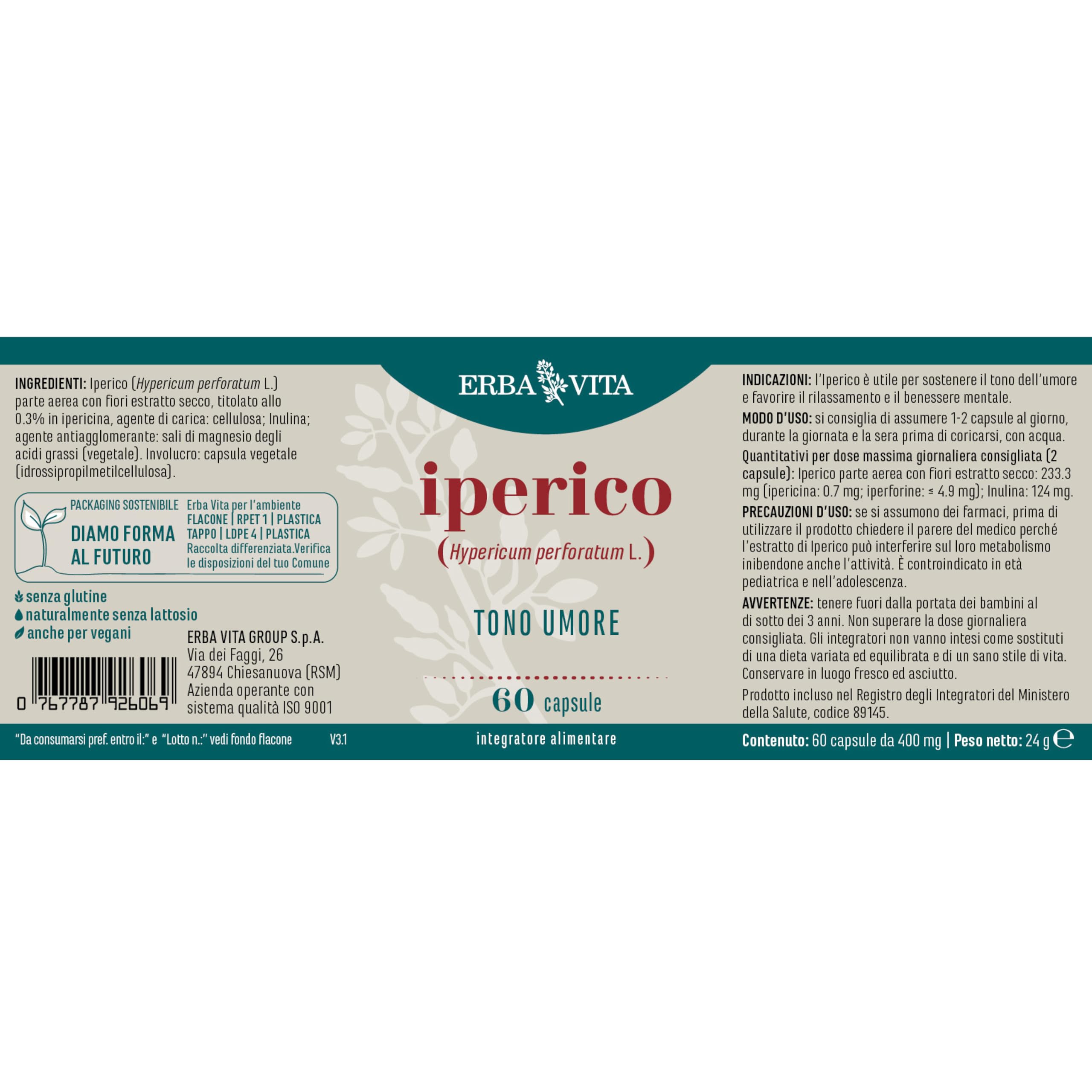 ERBA VITA Integratore Alimentare di Iperico - 60 Capsule, Utile al rilassamento