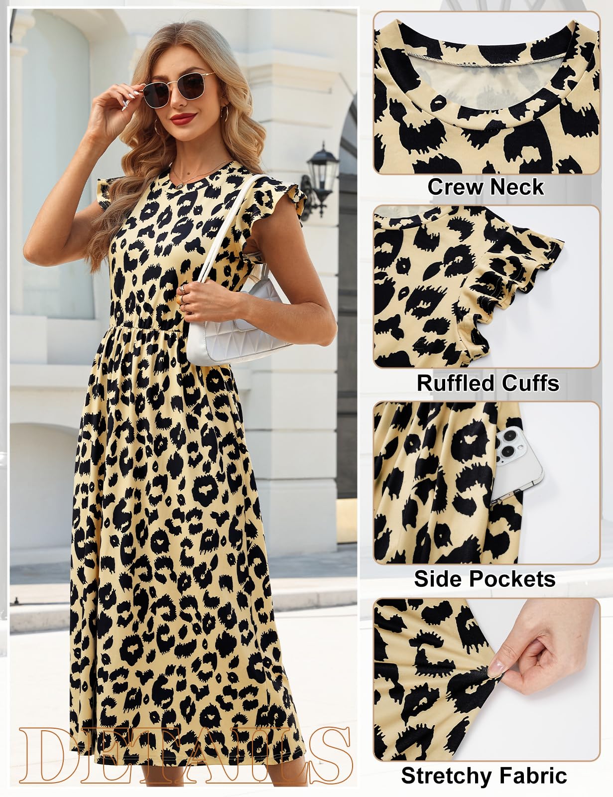 HEEKPEK Abito Estivo Donna Eleganti Chic Lungo Vestiti Scollo a Rotondo Maniche Ruffles Casual Stampa Vestito Abiti Boho Mare Spiaggia con Tasca