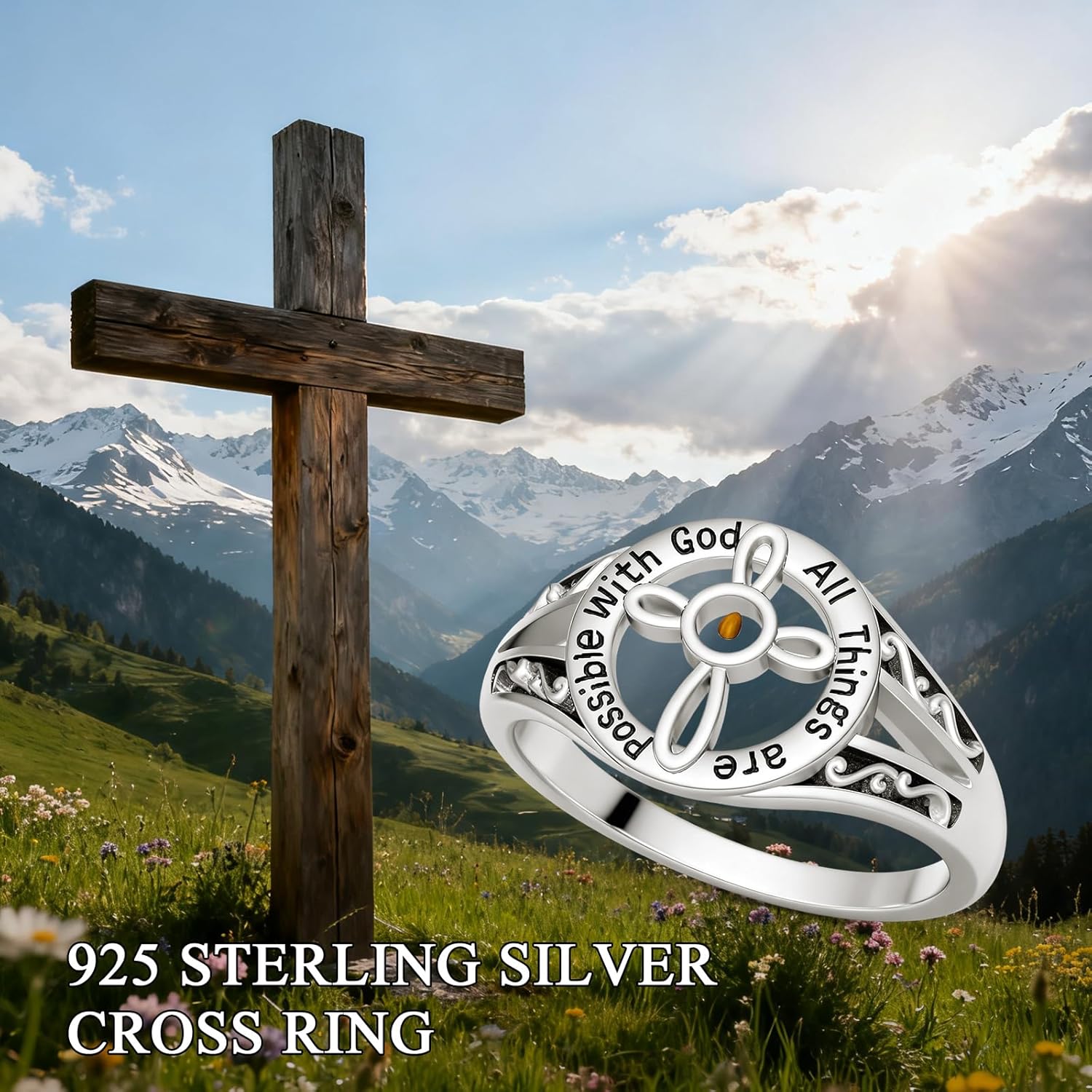 Cross Ring Sterling Silver Mustard Seed Rings Christian Faith Ring With God All Things Are Possible Religious Jewelry Gifts for Women Size 6-9 - Image 5