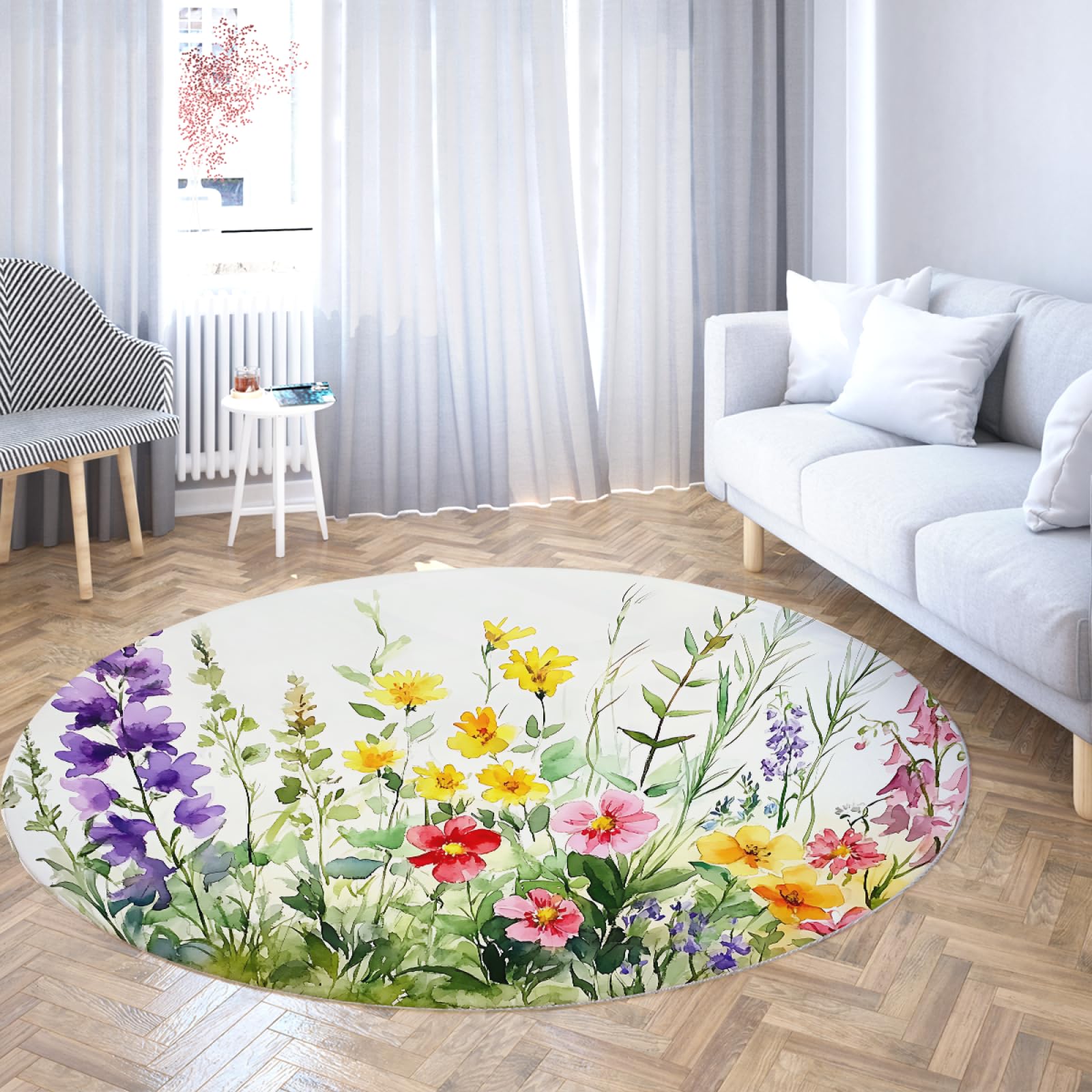 Tapis rond floral aquarelle de 120cm lavable et antidérapant pour salon style ferme