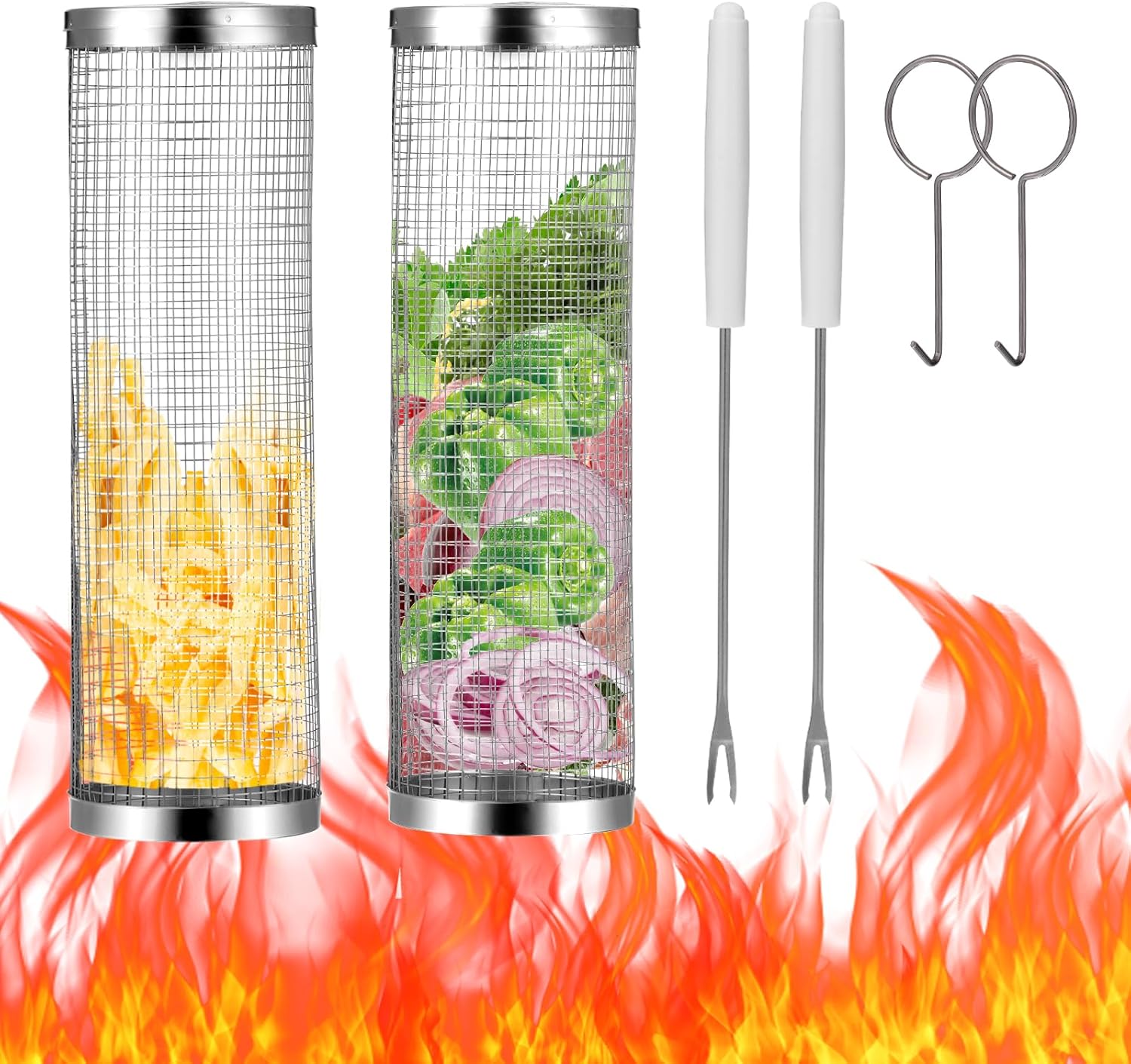 BSHDJKF Grill Basket 2PCS BBQ Rolling Basket Round Grilling Basket Rolling Grilling Baskets For outdoor Grilling For Fish, Shrimp, Meat, Vegetables, Fries