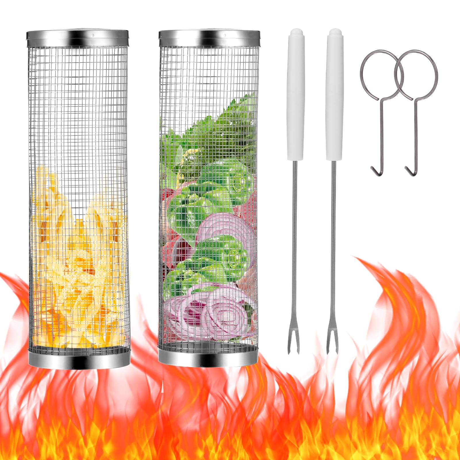 BSHDJKF Grill Basket 2PCS BBQ Rolling Basket Round Grilling Basket