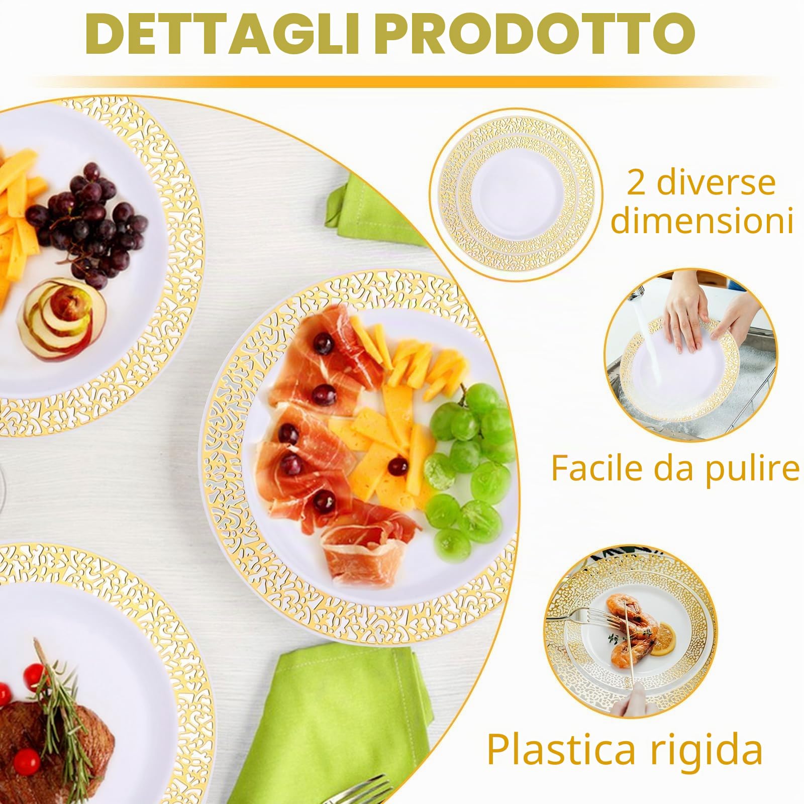 AKOLAFE 50 piatti in plastica bianca con bordo dorato, 2 misure, piatti in plastica riutilizzabili, 19 cm e 26 cm, piatti in plastica stabile, piatti riutilizzabili per matrimoni, feste, compleanni