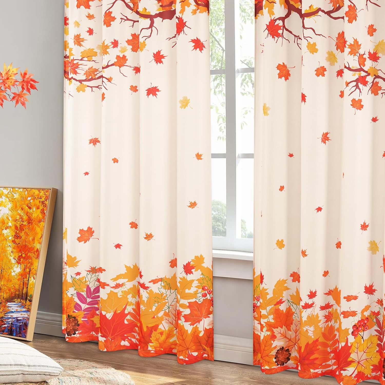 FRAMICS Fall Curtains for Living Room - Thanksgiving Maple Leaves 2 Panels Set, 84 Inch Length, Light Filtering Rod Pocket Window Treatments for Bedroom Dining Room, 52" W x 84" L