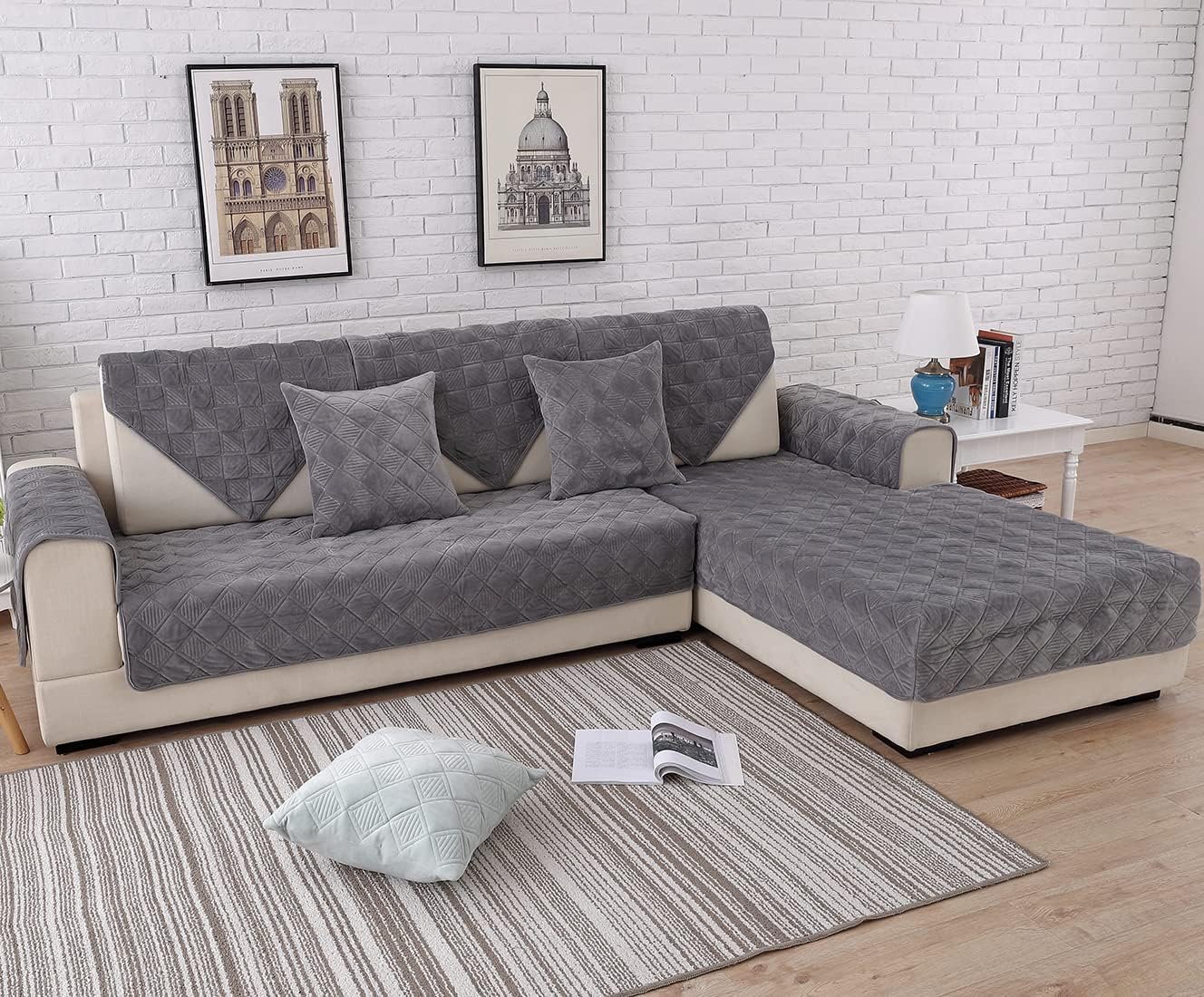 vctops Diamond Plush Sofa Couch Cover Soft Velvet Sectional Couch Covers Non-Slip Sofa Slipcover for Dogs Cats Pet Love Seat Recliner Leather L Shaped, Armrest Backrest Cover (Dark Gray,28"x70")