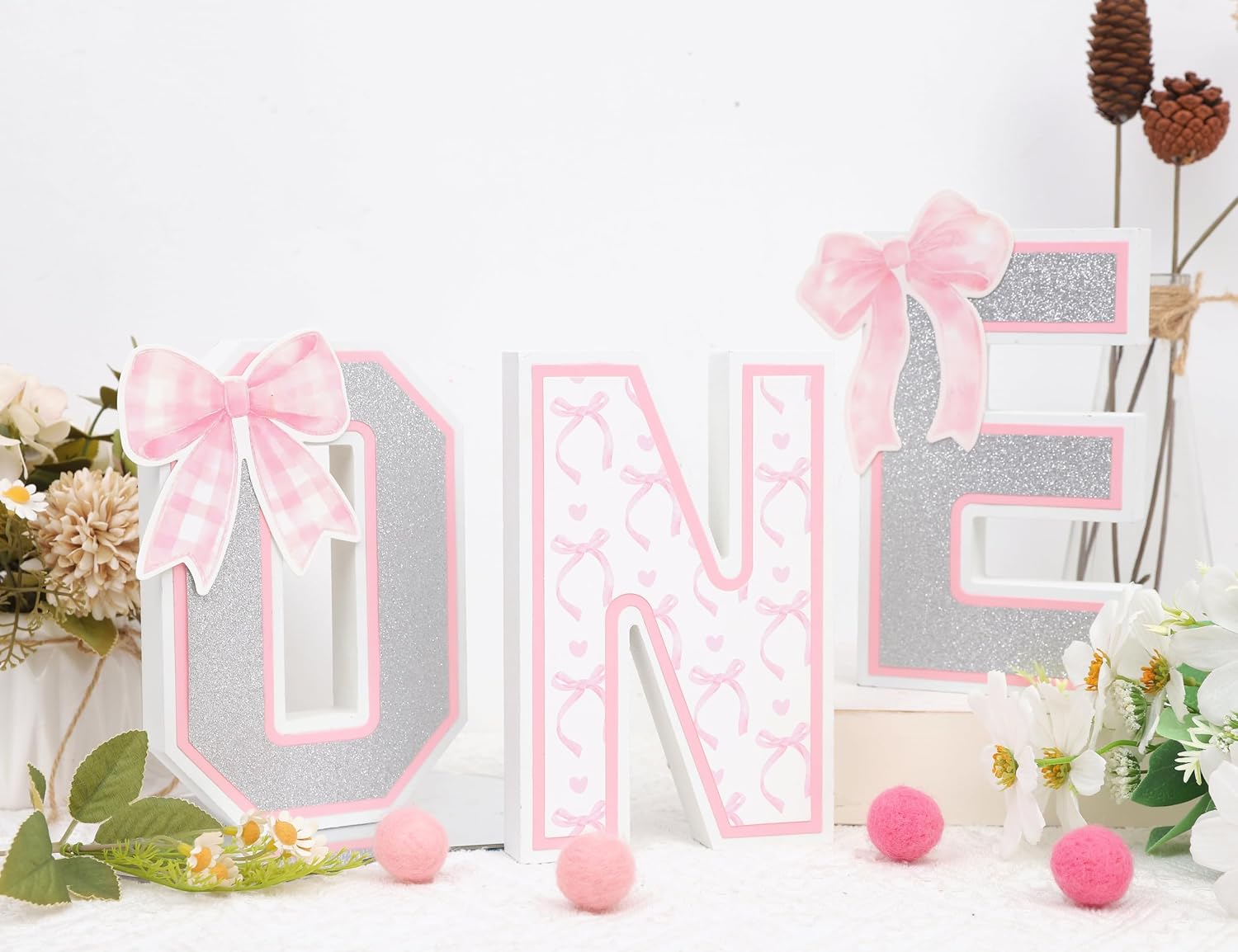 Bow ONE Sign-Diy Monthly Milestone Sign,First Birthday Decorations for Baby Girl,12 Months Photo Prop，3D Standing Letters