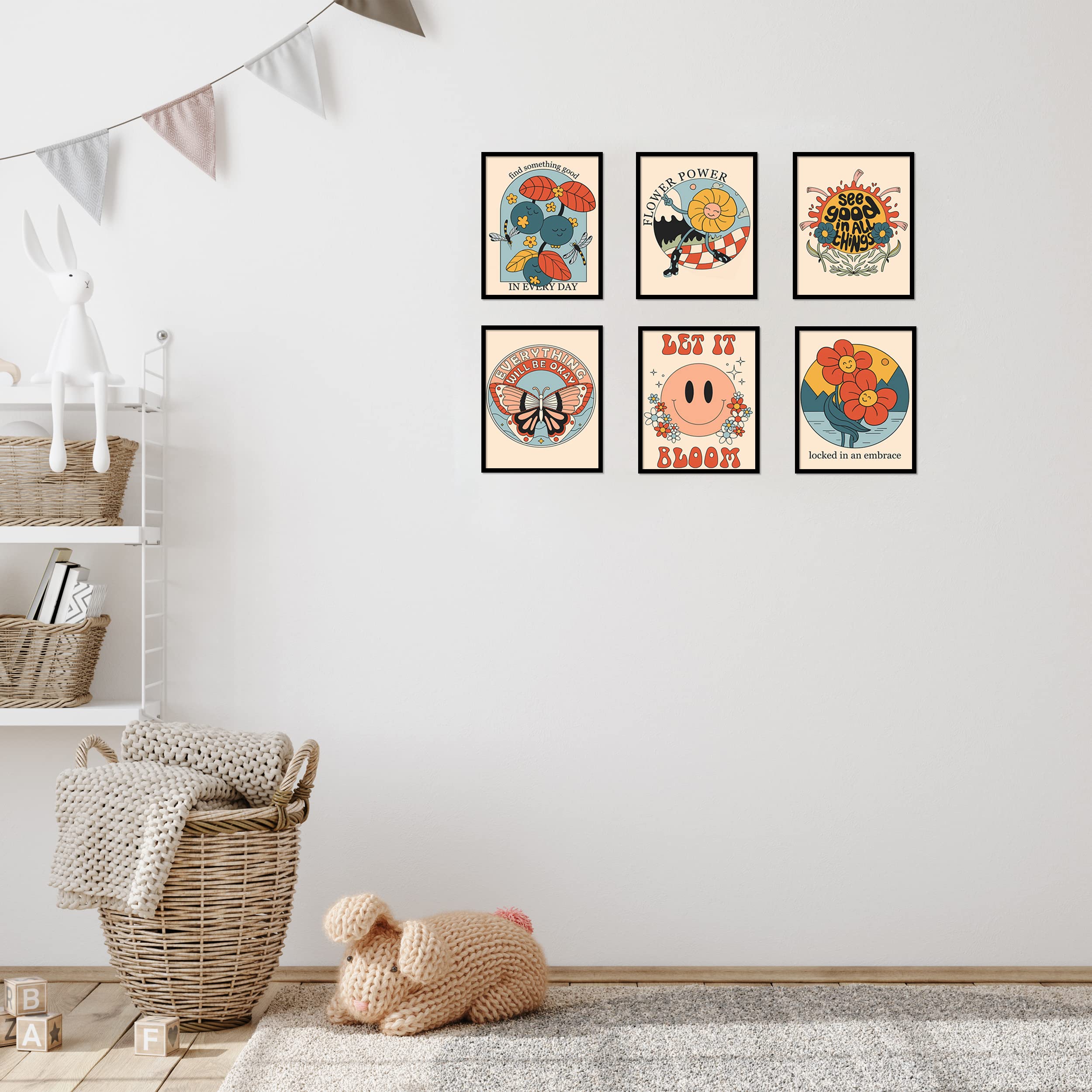 Set Of 6 Hippie Wall Art Prints - Retro 70s Floral & Abstract Canvas Posters, Boho Positive Decor For Bedroom - View #7