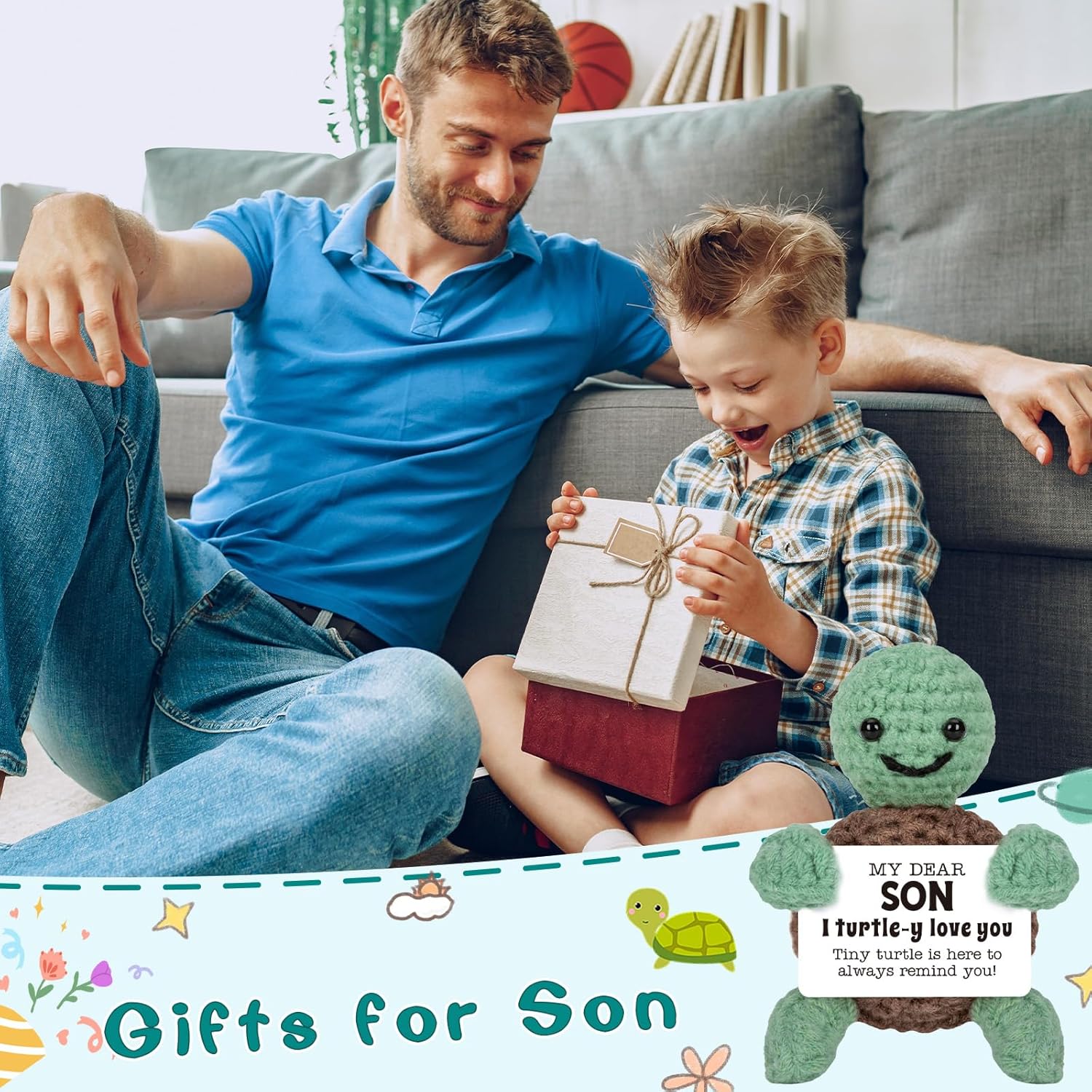 Mini Funny Turtle Son Gifts from Mom Dad, Valentines Day Birthday Gifts for Kids Teens Adults Son in Law Bonus Step, I Love You Presents Small Cute Stuff Things, Handmade Emotional Crochet Turtle - Image 4