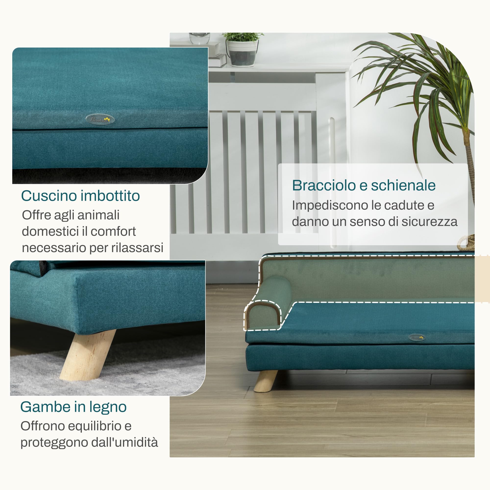 PawHut Divano per Cani Grandi con Imbottitura e Rivestimento Morbido, Cuccia per Cani con Rivestimento Lavabile e Gambe in Legno, Verde Scuro