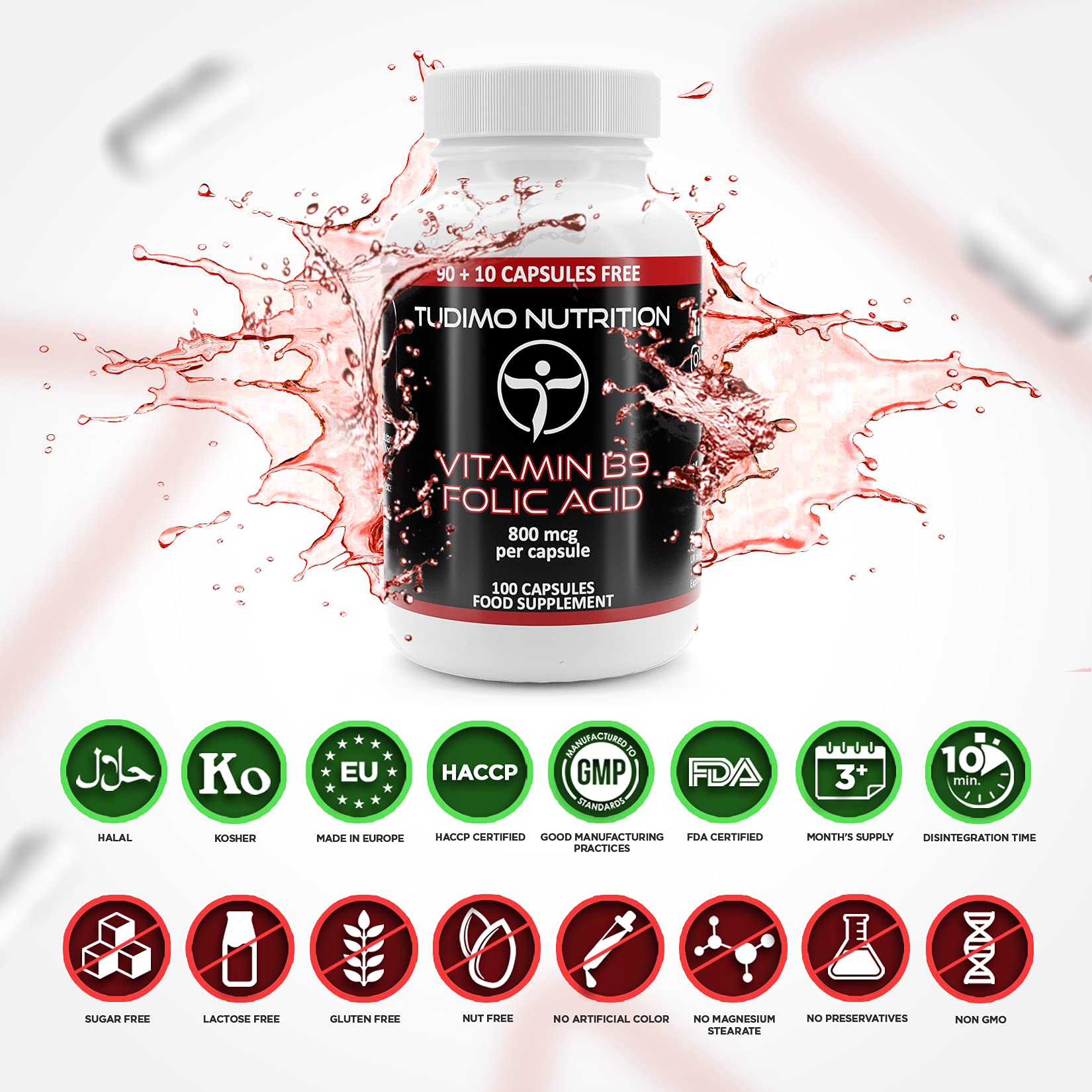 Vitamin B9 Folic Acid 800mcg Capsules 100 pcs (3+ Month Supply) of