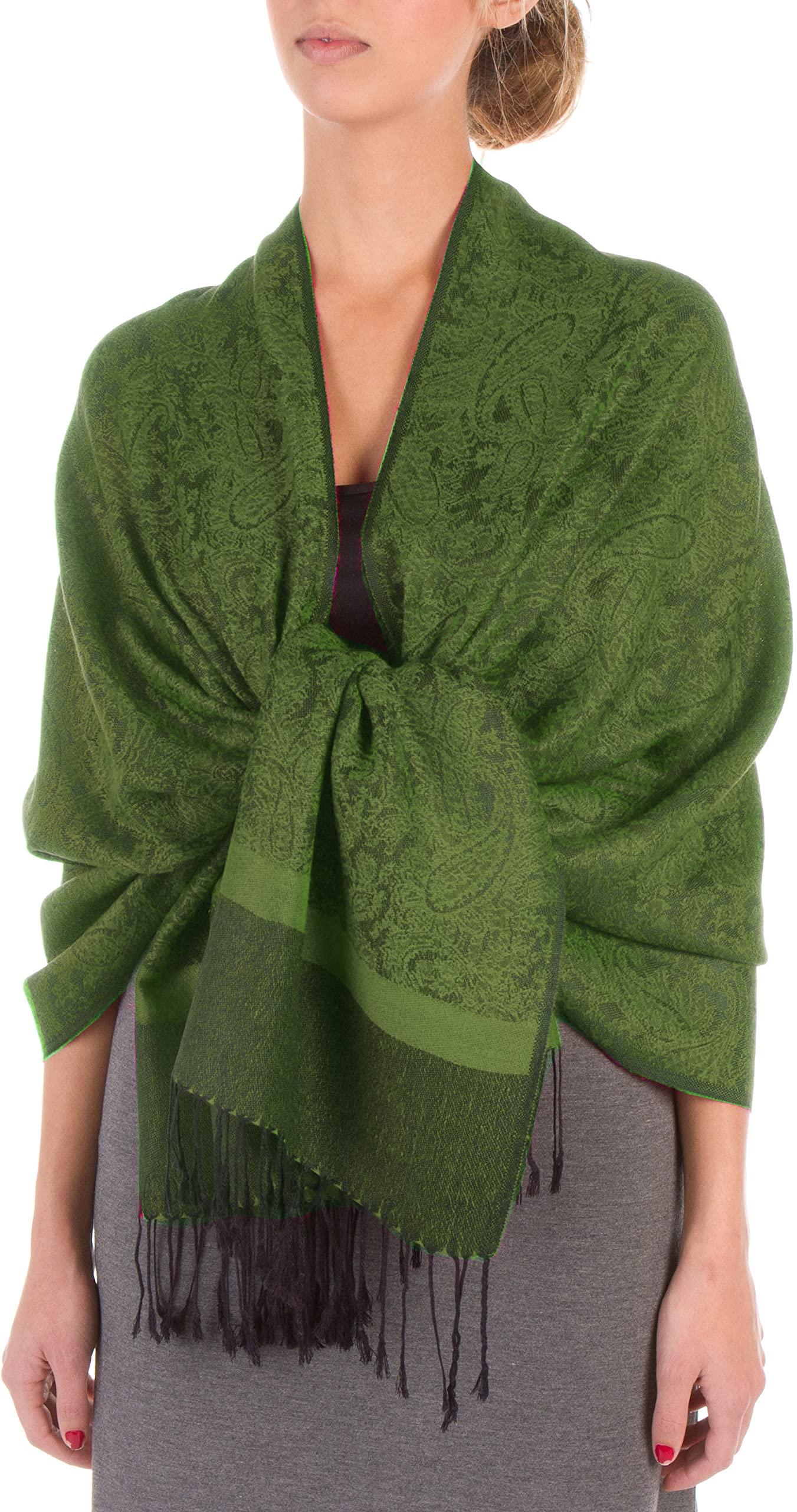 Sakkas Women's Olive Green / Black 70Inch X 28Inch Paisley Self Design Pashmina Shawl/Wrap/Stole, One Size,