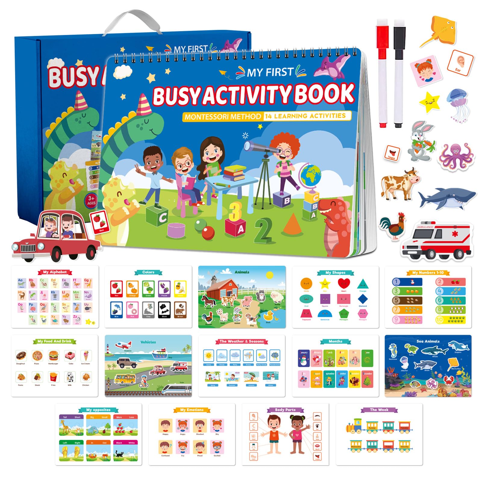 Libros de Pegatinas Reutilizables Montessori Busy Actividades Book Preescolar,28 Temas,Juguetes educativos recursos de Aprendizaje Cuaderno de Lectura y Escritura.Juguete para niño/niña de 3+