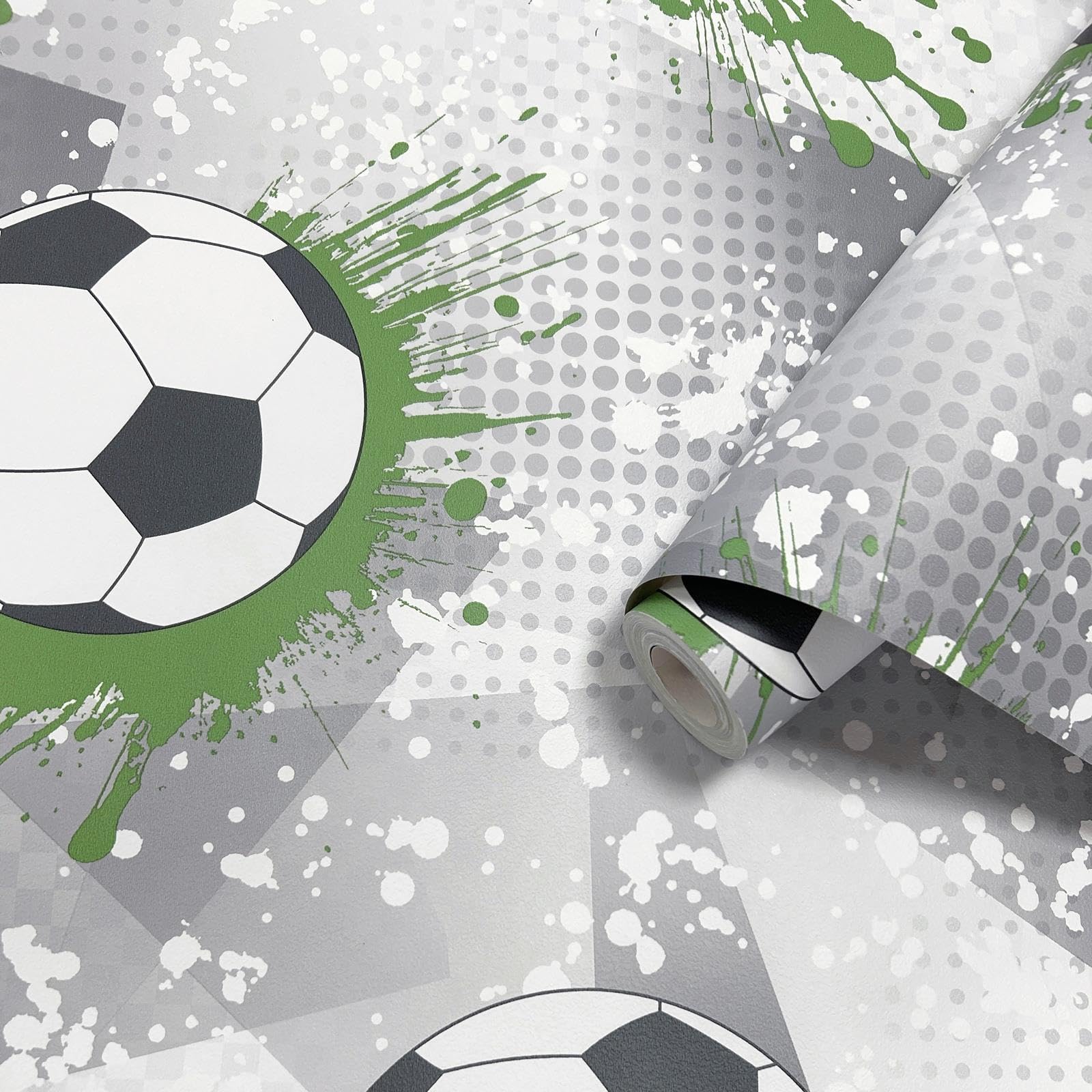 Grey Football Frenzy Wallpaper Green Boys Kids Bedroom Playroom Feature Wall Children