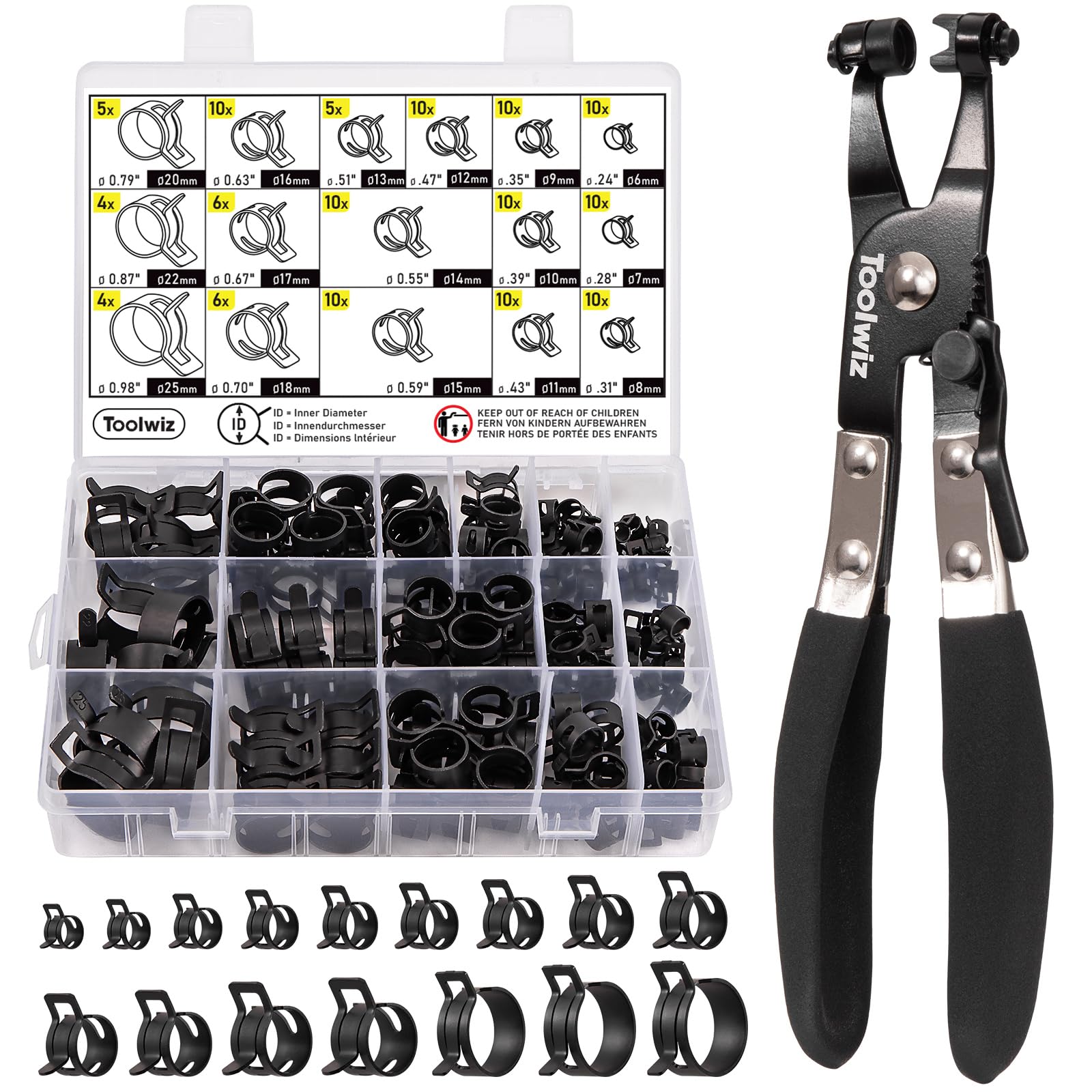 Toolwiz 130 szt. 6-25 mm zaciski do węży sprężynowych z obrotowymi szczypcami zaciskowymi do węża, 16 rozmiarów zacisków do węża, asortyment opasek sprężynowych, przewód paliwowy, wąż próżniowy