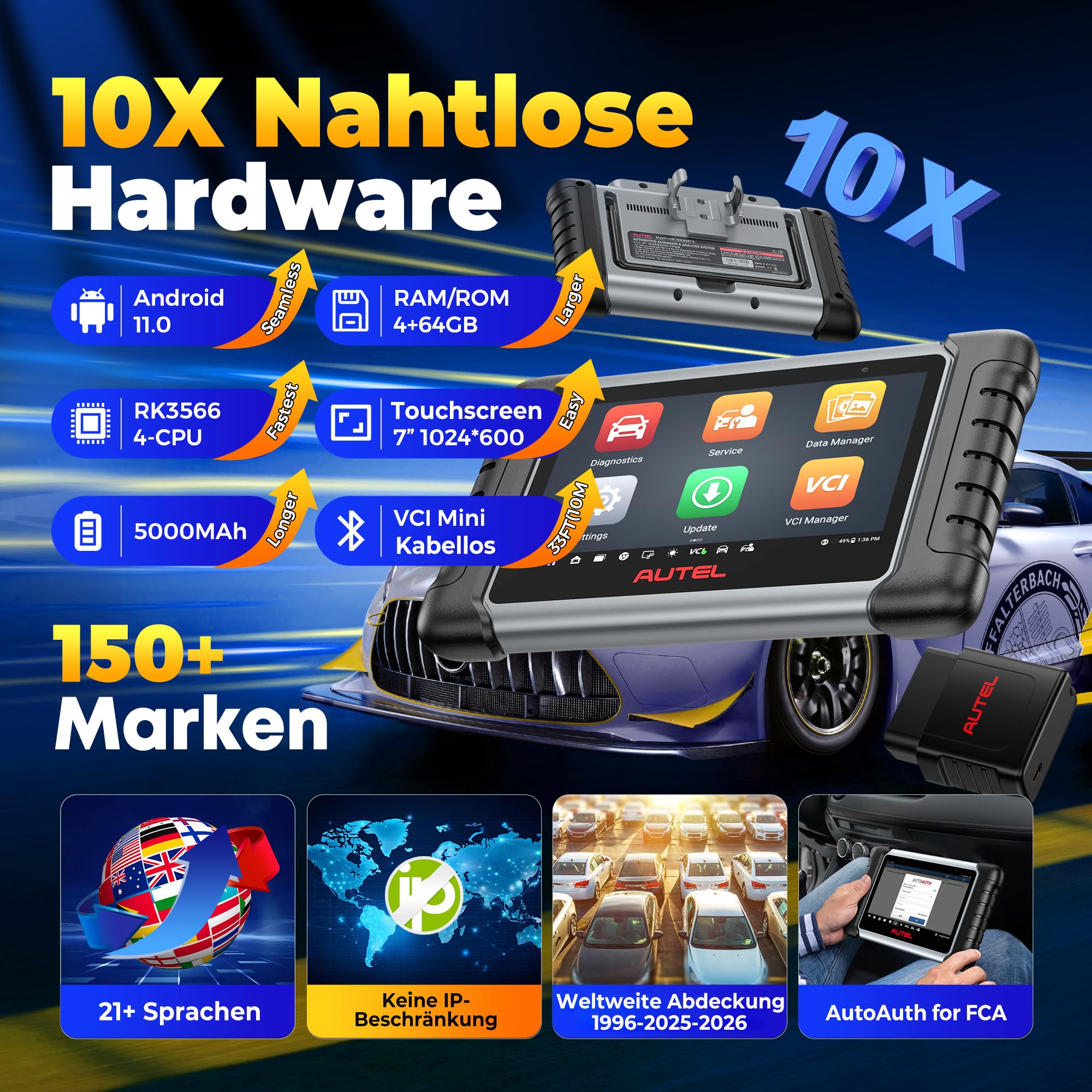 Autel MaxiCOM MK808BT PRO 2026 OBD2 Diagnosegerät Voll Bidirektionale | 3000+ Aktiver Test, Upgrade von MK900 MK808BT MK808S MX808S, 28+ Service Alle System, OS11, 4G+64G, 2.4&5G WIFI