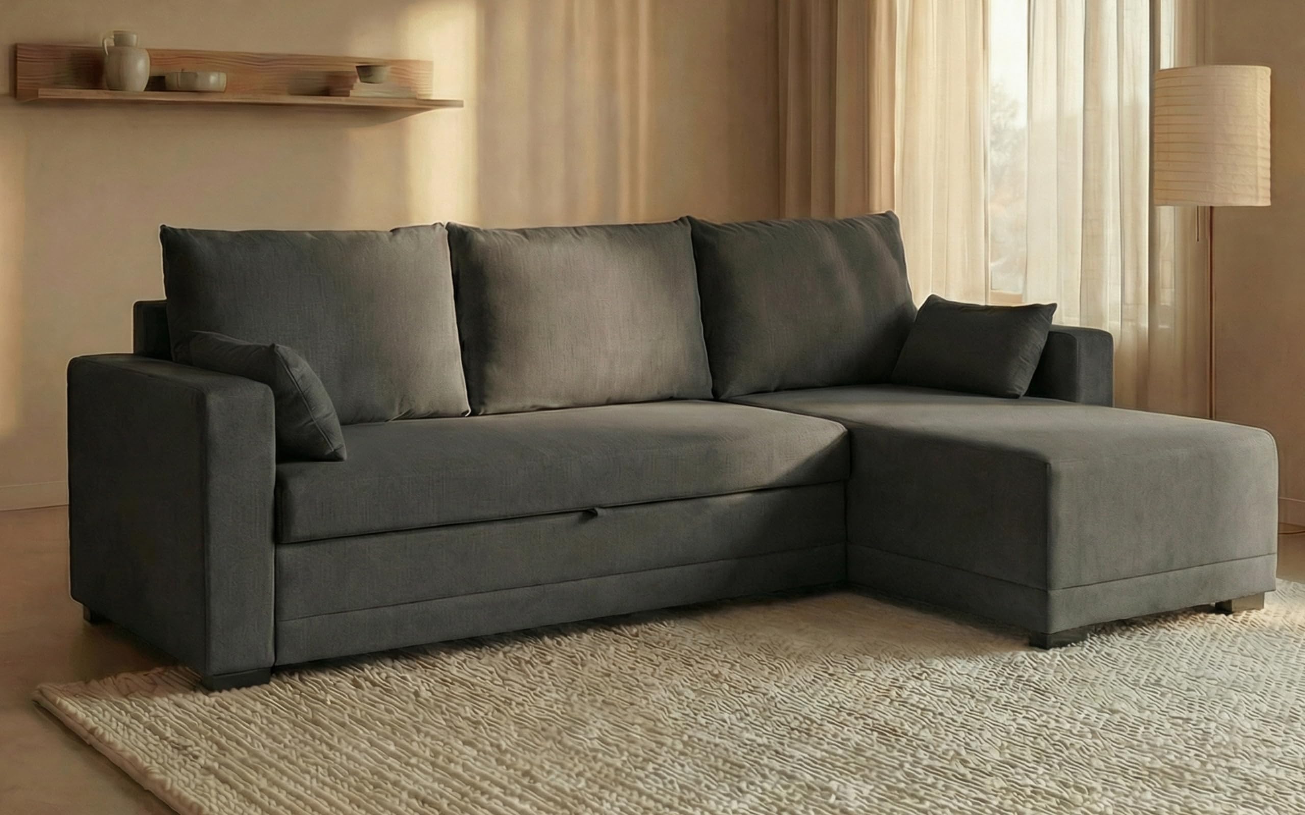 BUDWING Leah Sofá Cama Esquinero 3 Plazas - Chaise Longue Reversible y 2 Cojines Decorativos – Tapizado en Poliéster – Estilo Moderno – 233x124x69 cm – Gris Oscuro